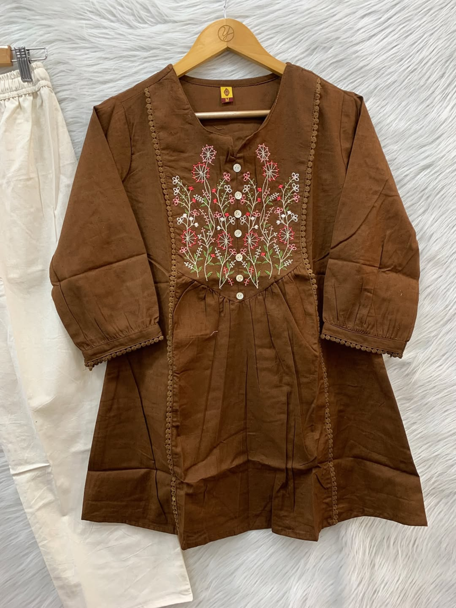 Brown Embroidered Kurti Top with Cream Bottom — Elegant Ethnic Comfort