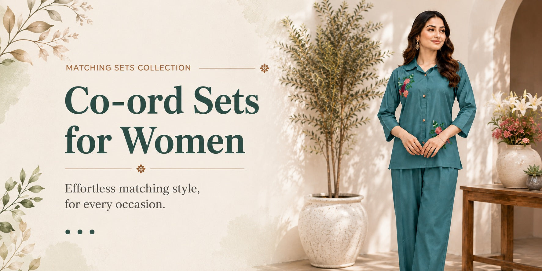 Woman wearing teal embroidered co-ord set with floral pattern - matching sets collection for women