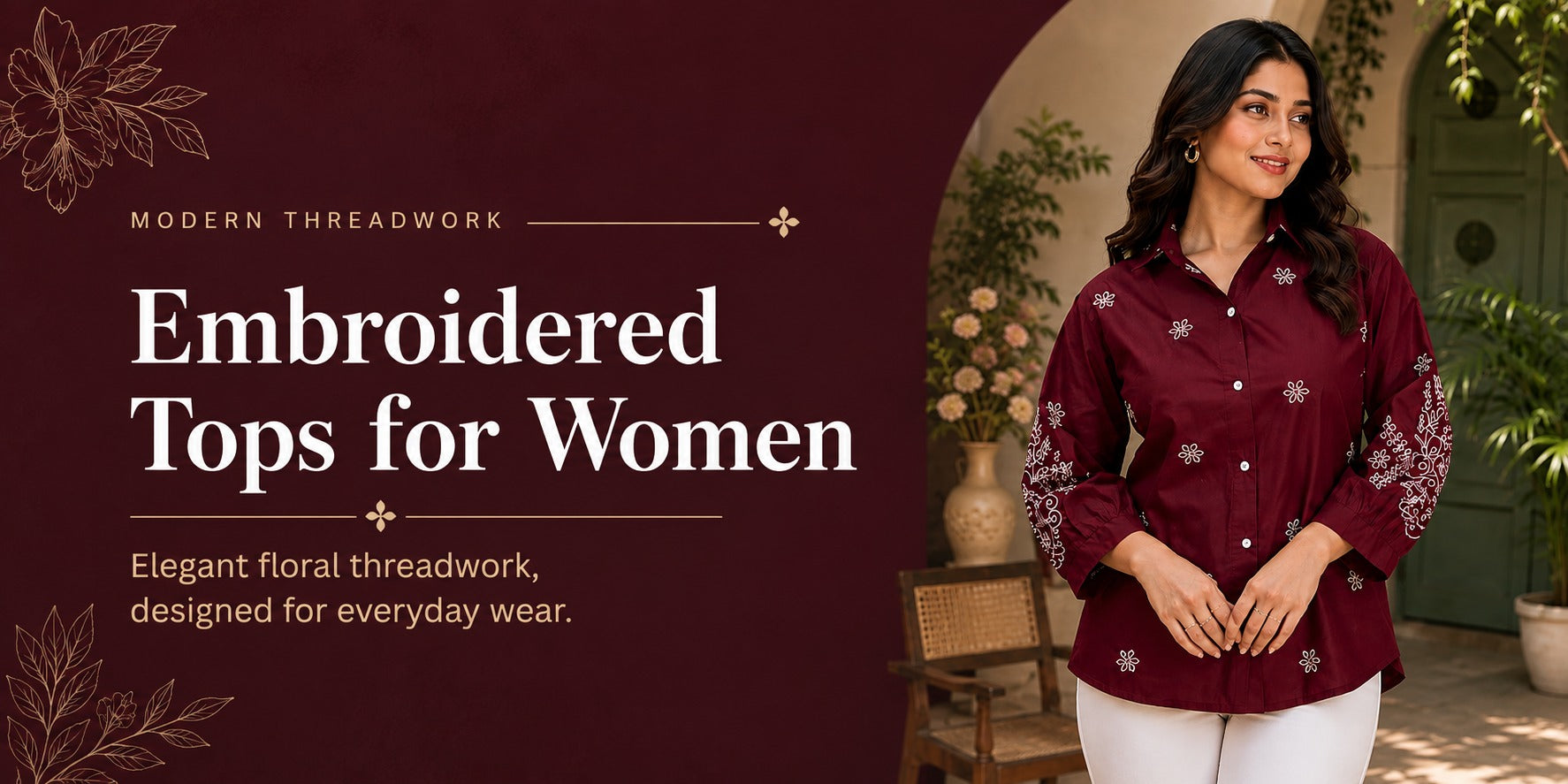 Woman in maroon embroidered cotton top with white floral threadwork - embroidered tops for women