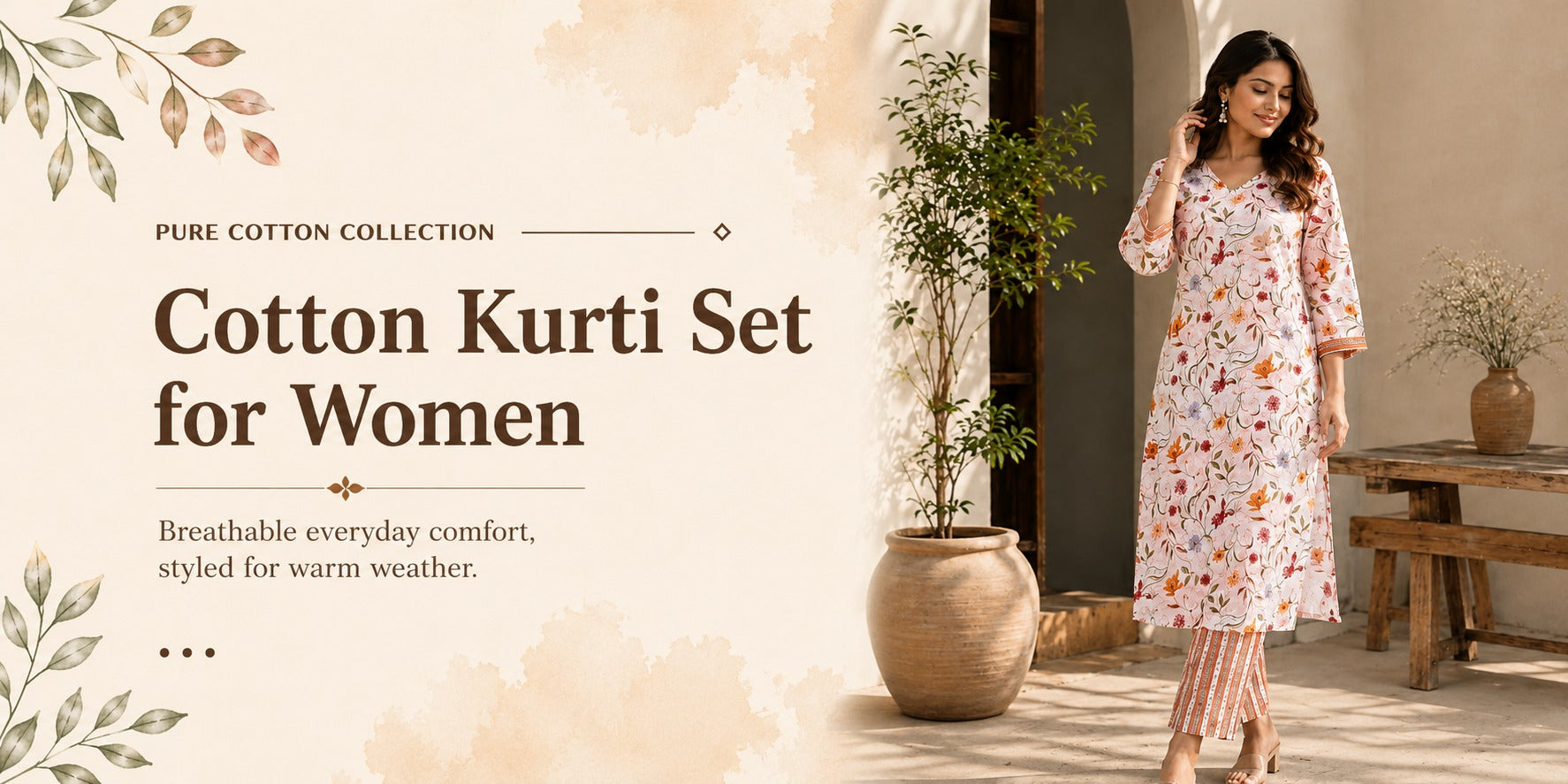 Woman wearing floral print cotton kurti set with striped pants - pure cotton kurti set for women