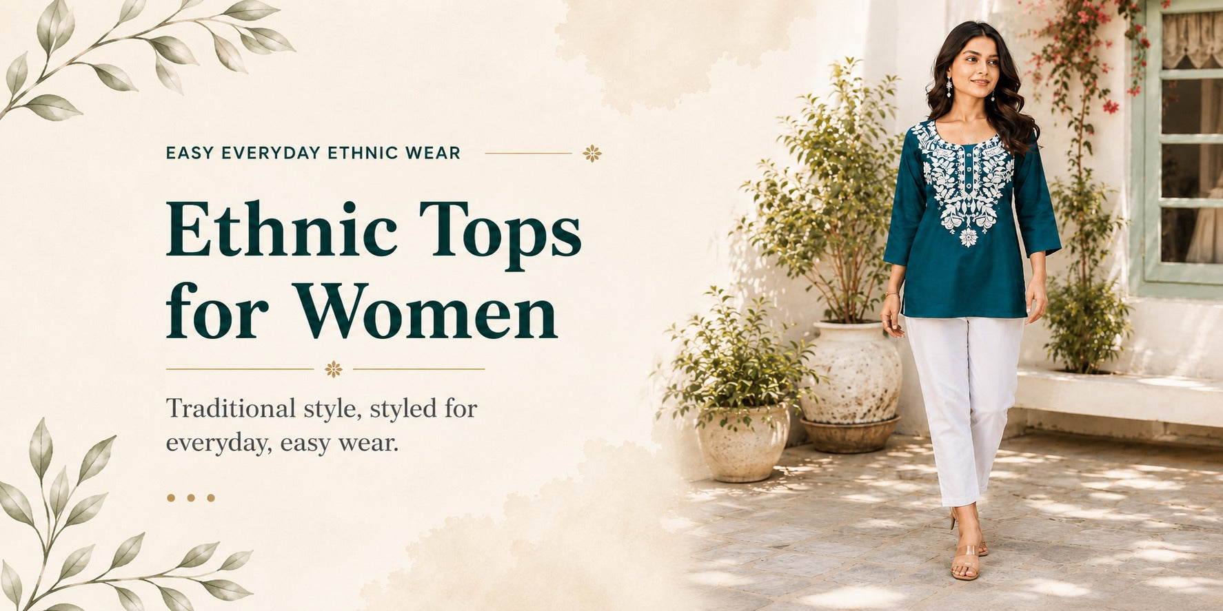 Woman wearing teal ethnic top with white embroidered neckline and white pants - traditional ethnic tops for women