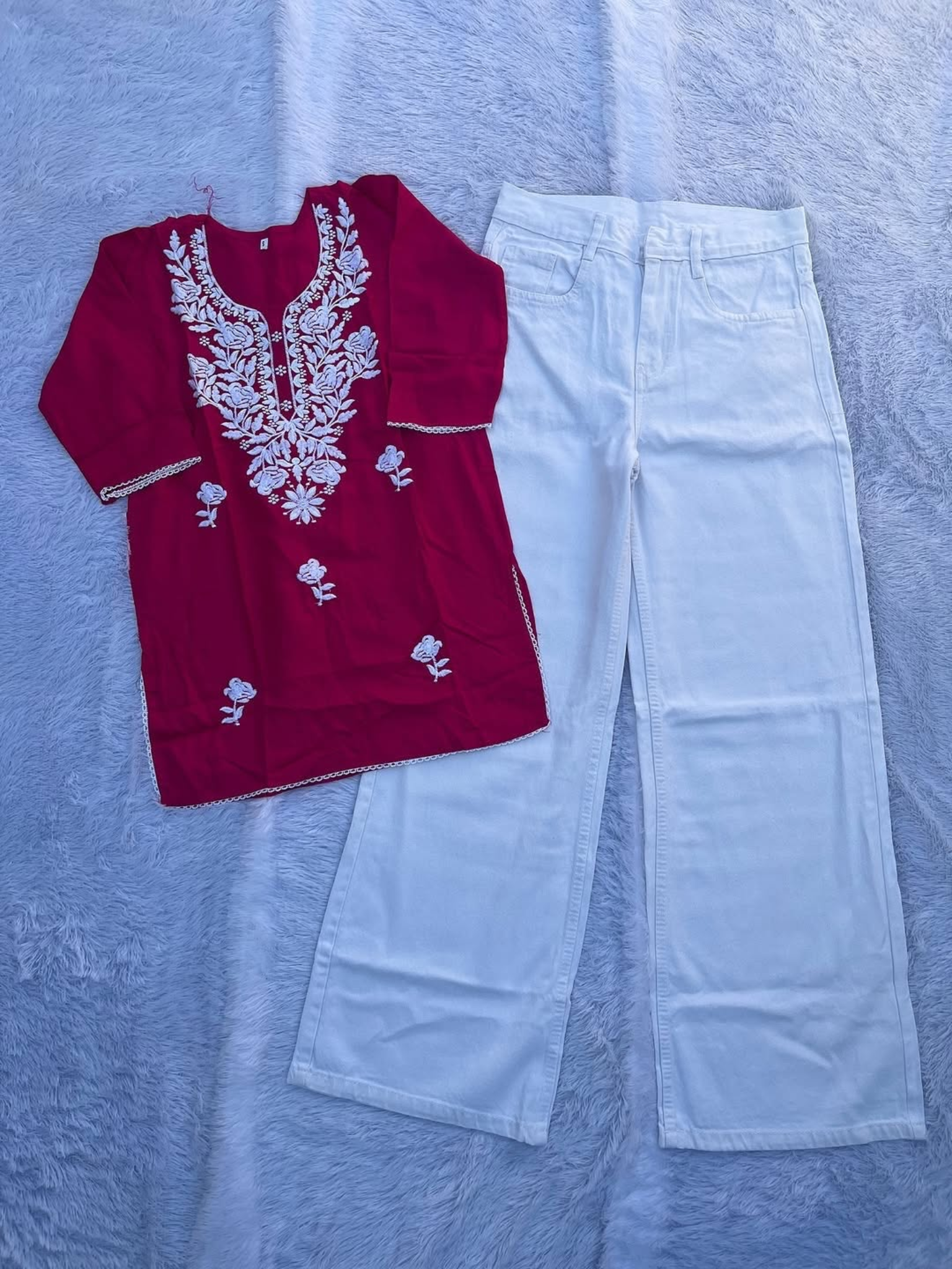 Maroon Embroidered Top with White Palazzo — Perfect Festive Casual Look