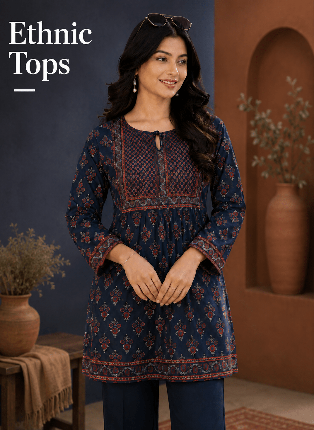 Navy blue printed ethnic top for women - Fadrox Fashion