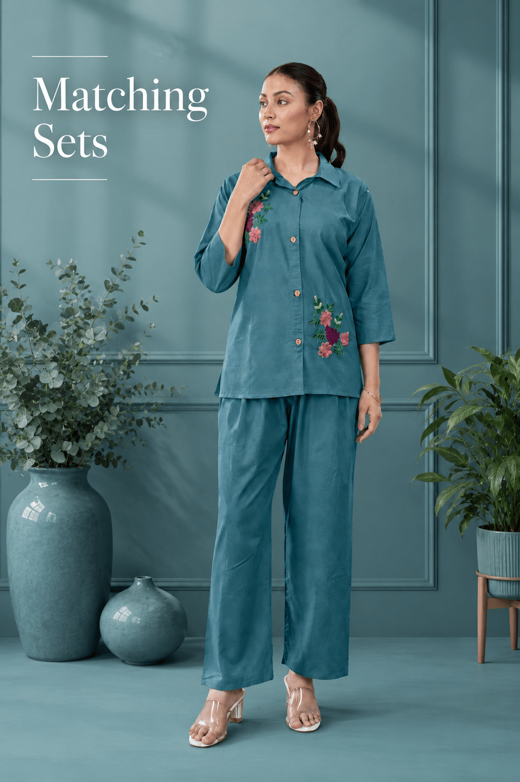 Teal blue embroidered matching set for women - Fadrox Fashion