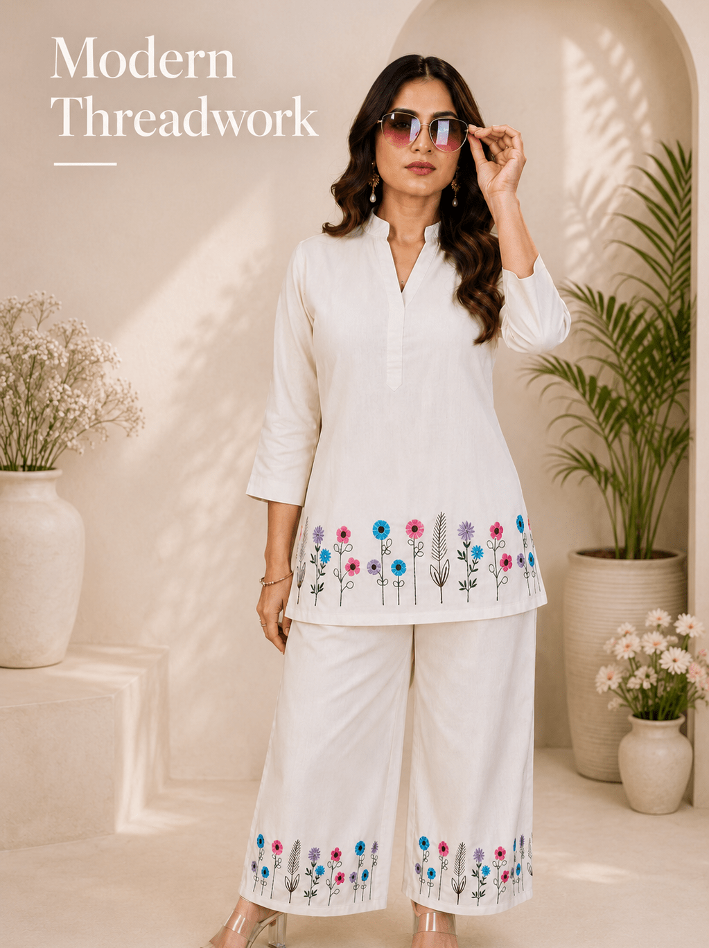 White floral threadwork co-ord set for women - Fadrox Fashion