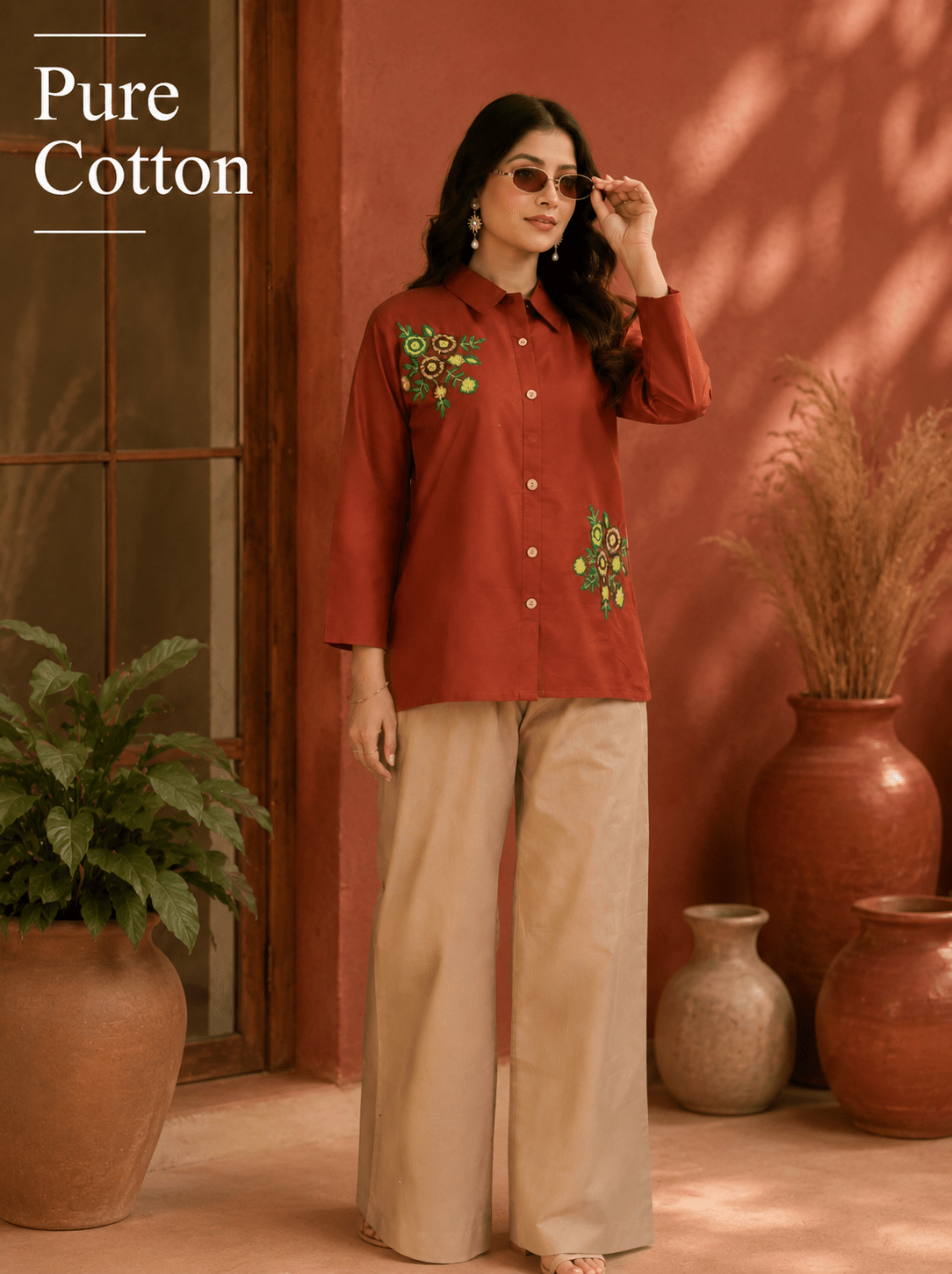 Rust red pure cotton embroidered ethnic shirt for women - Fadrox Fashion