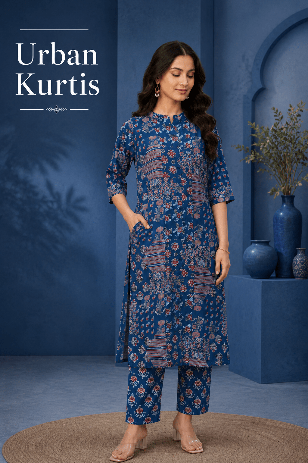 Navy blue printed urban kurti set for women - Fadrox Fashion