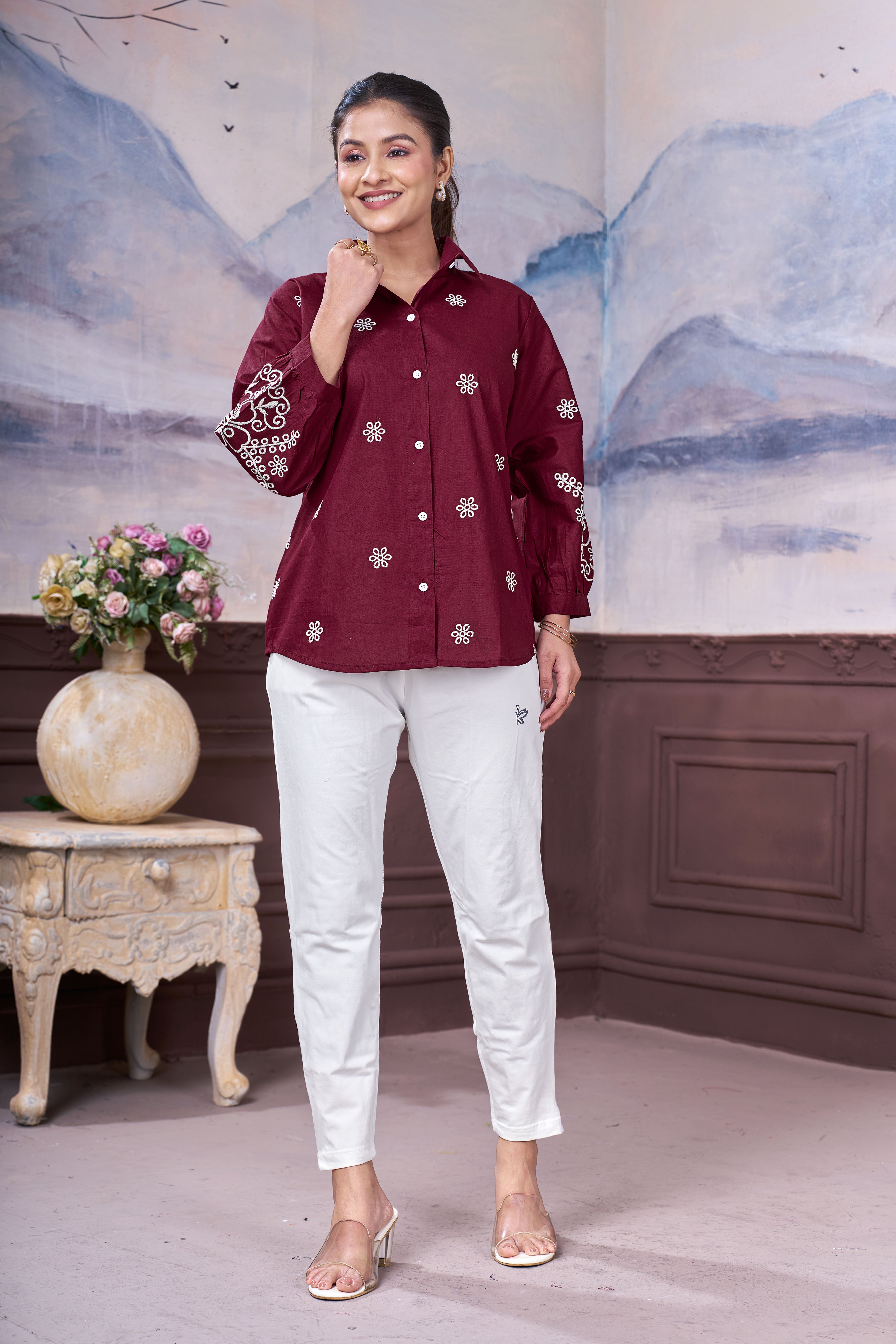 Women’s Maroon Embroidered Cotton Top