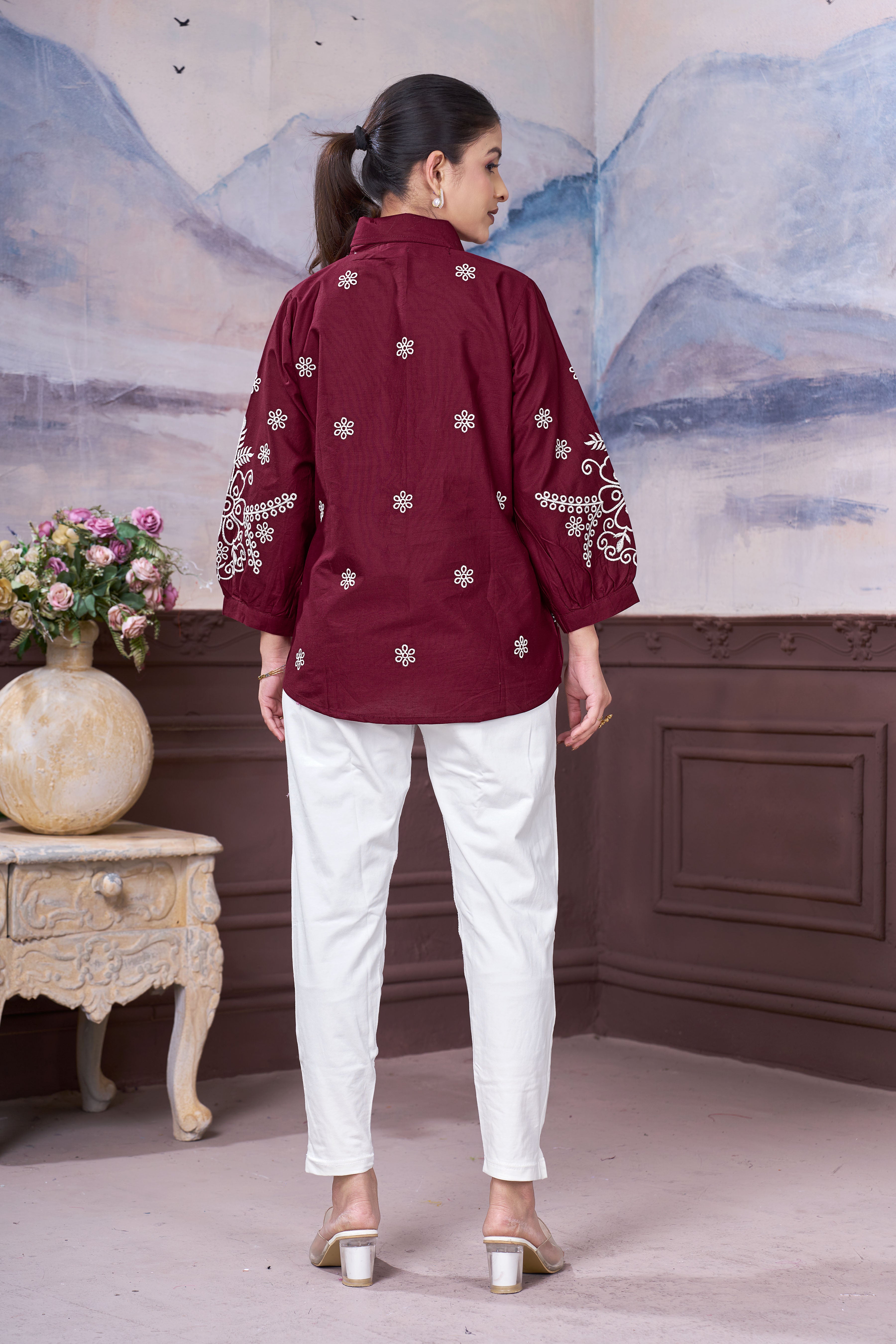 Women’s Maroon Embroidered Cotton Top