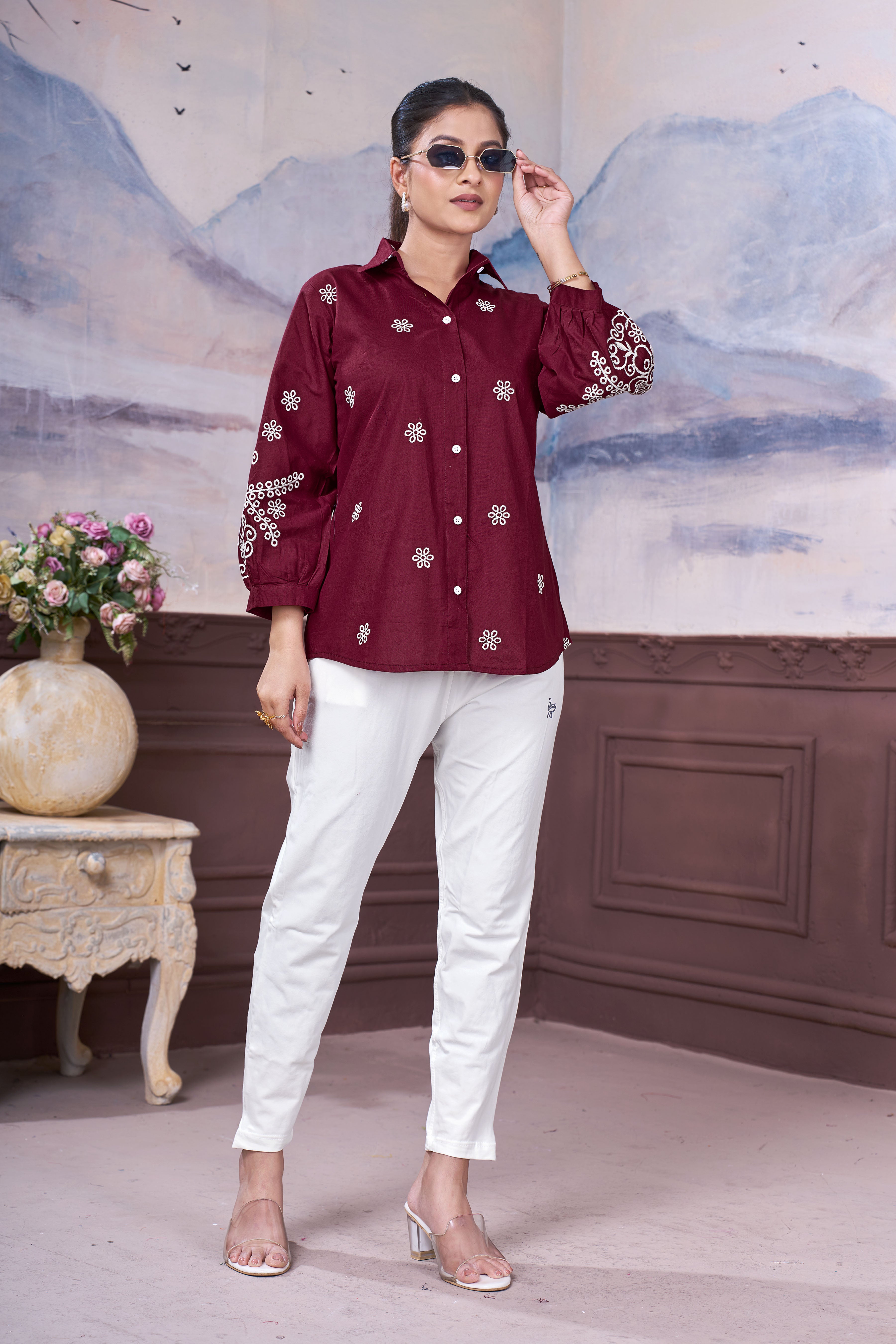 Women’s Maroon Embroidered Cotton Top