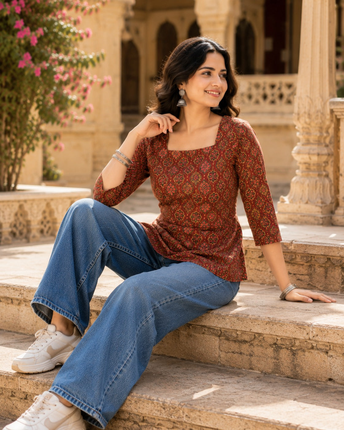 Woman sitting wearing maroon Ajrakh printed top with 3/4 sleeves and tie-back detail, paired with jeans and sneakers