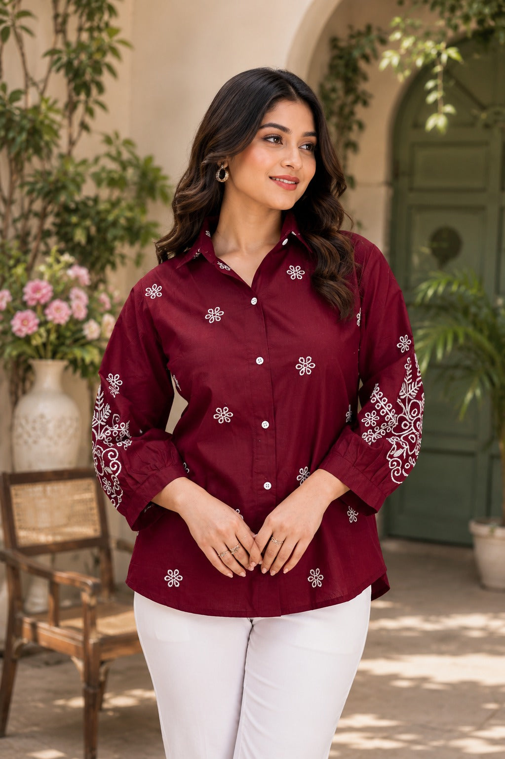 Maroon embroidered ethnic shirt for women - Fadrox Fashion