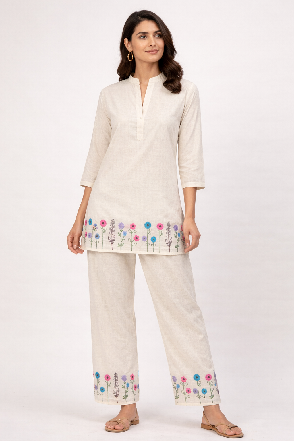 Fadrox Off-White Floral Embroidered Khadi Cotton Co-ord Set for Women