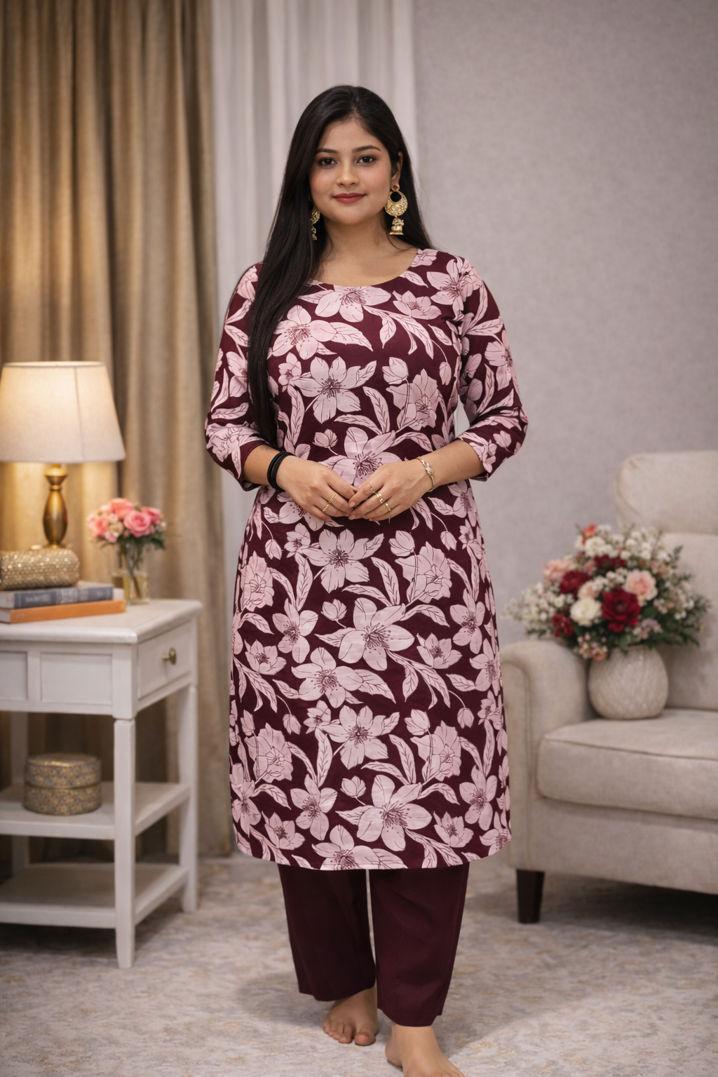 Women’s Maroon Floral Printed Kurti Pant Set
