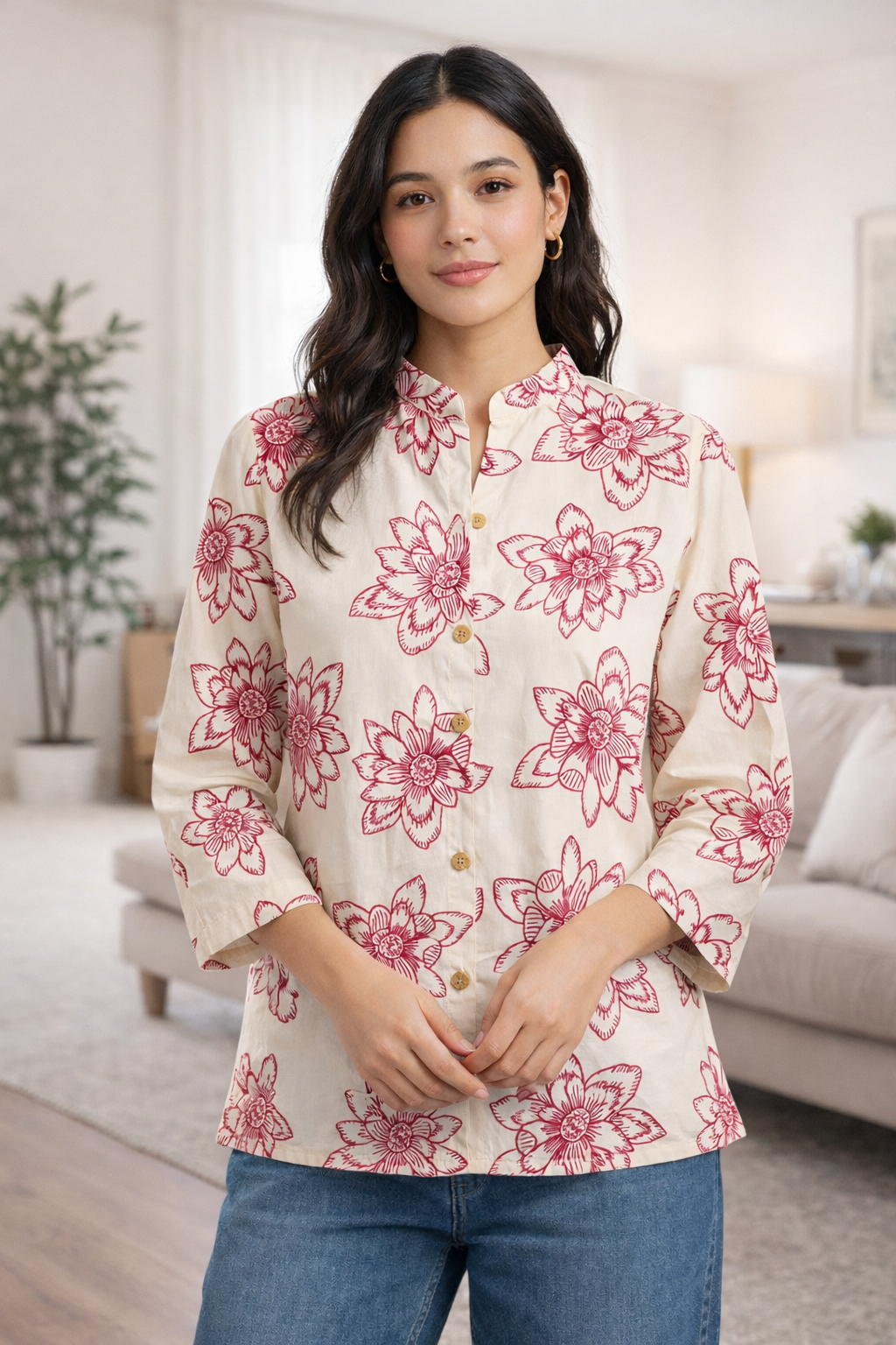 Women’s Cream Floral Printed Poly Rayon Top