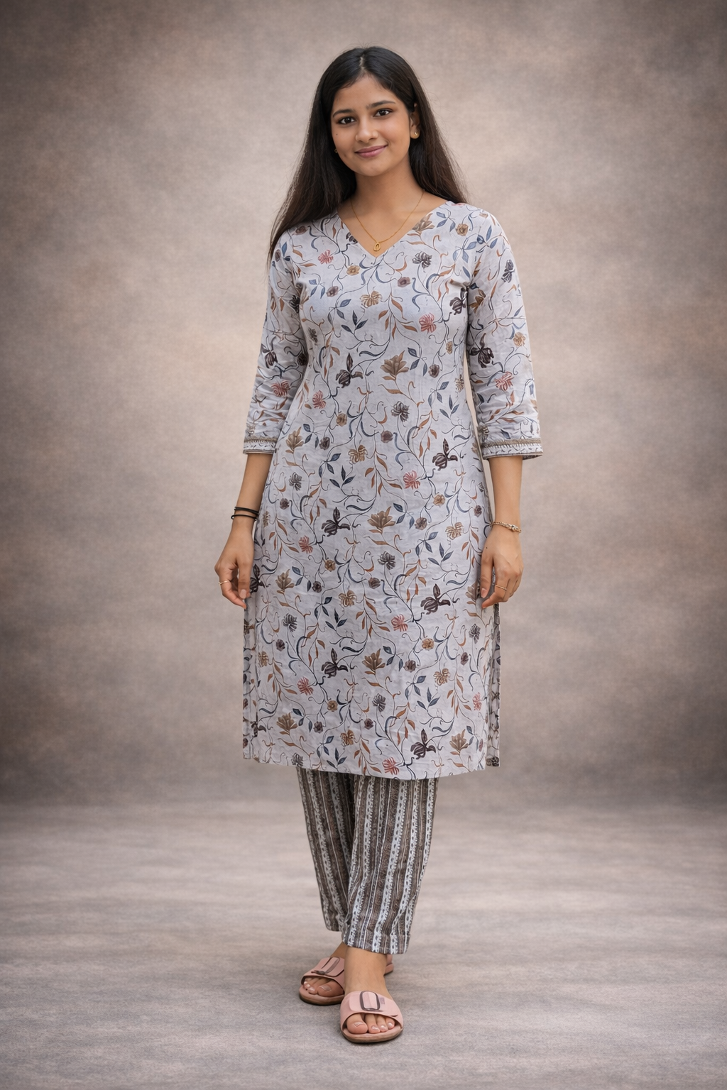 Light Grey Floral Printed Cotton Kurti Set for Women | Elegant Ethnic Kurta with Striped Pants