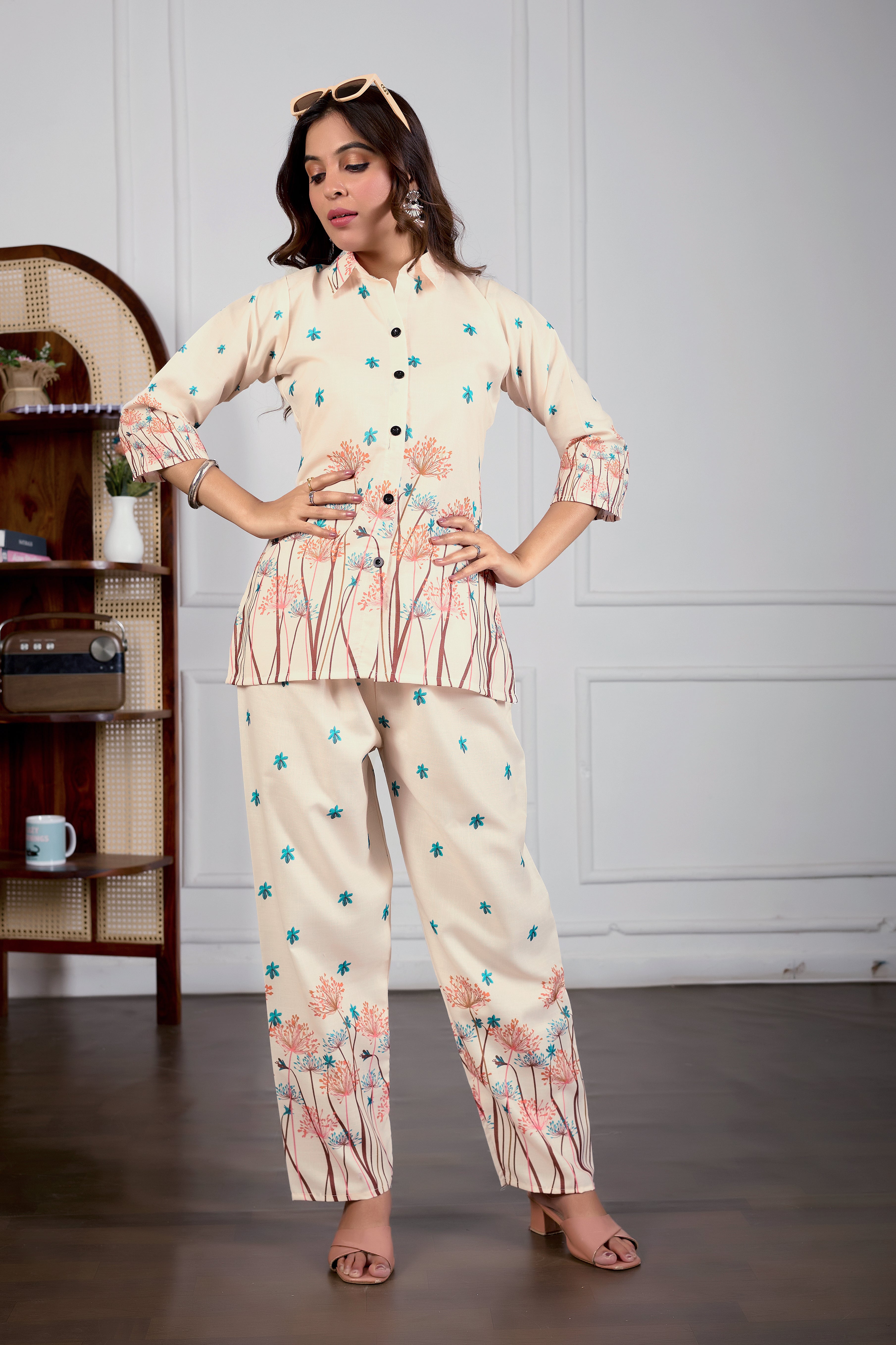 Cream Floral Printed Magic Fabric Co-ord Set for Women