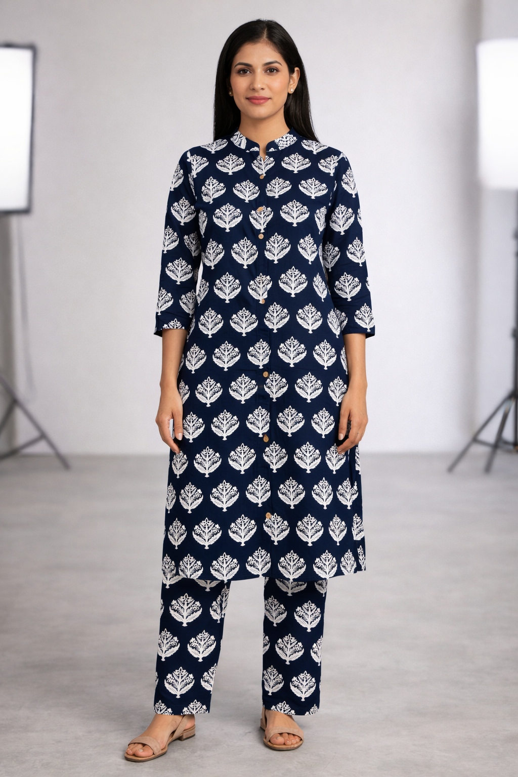 Navy Blue Ethnic Printed Cotton Kurti Set for Women | Stylish Leaf Motif Kurta with Matching Pants