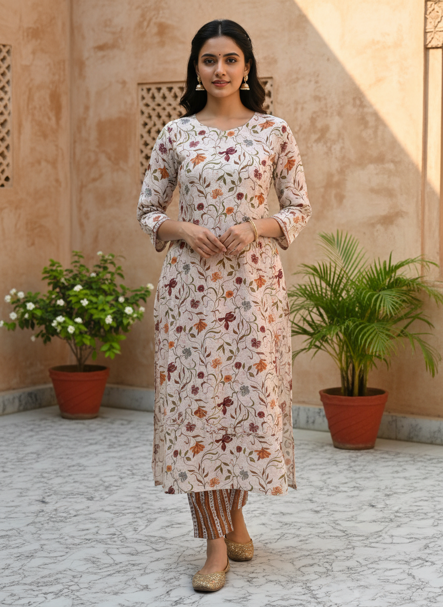 Beige Floral Printed Cotton Kurti Set for Women | Elegant Ethnic Kurta with Striped Pants