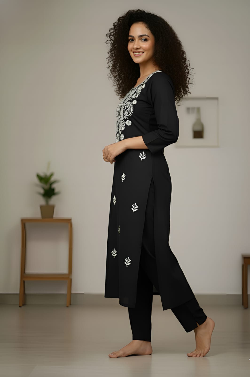 Black Tesla Slub Embroidered Kurti Pant Set for Women
