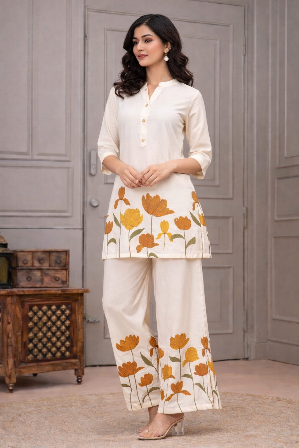 Women’s Cream Floral Printed Rayon Co-Ord Set