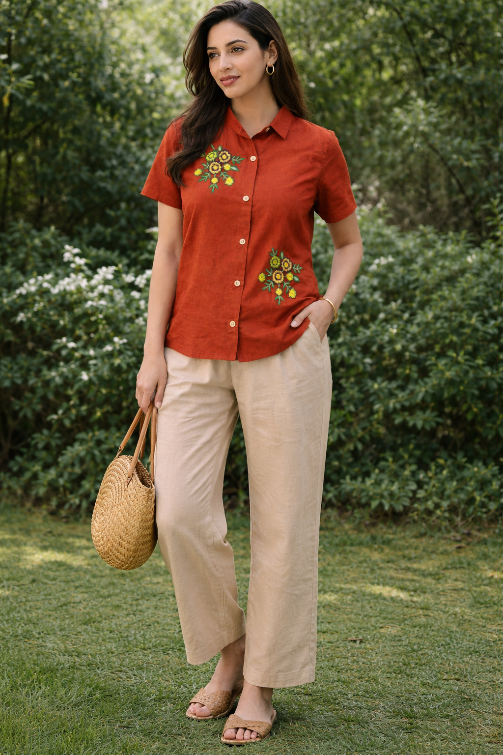 Rust Red Floral Embroidered Dhabu Cotton 2 Piece Set for Women