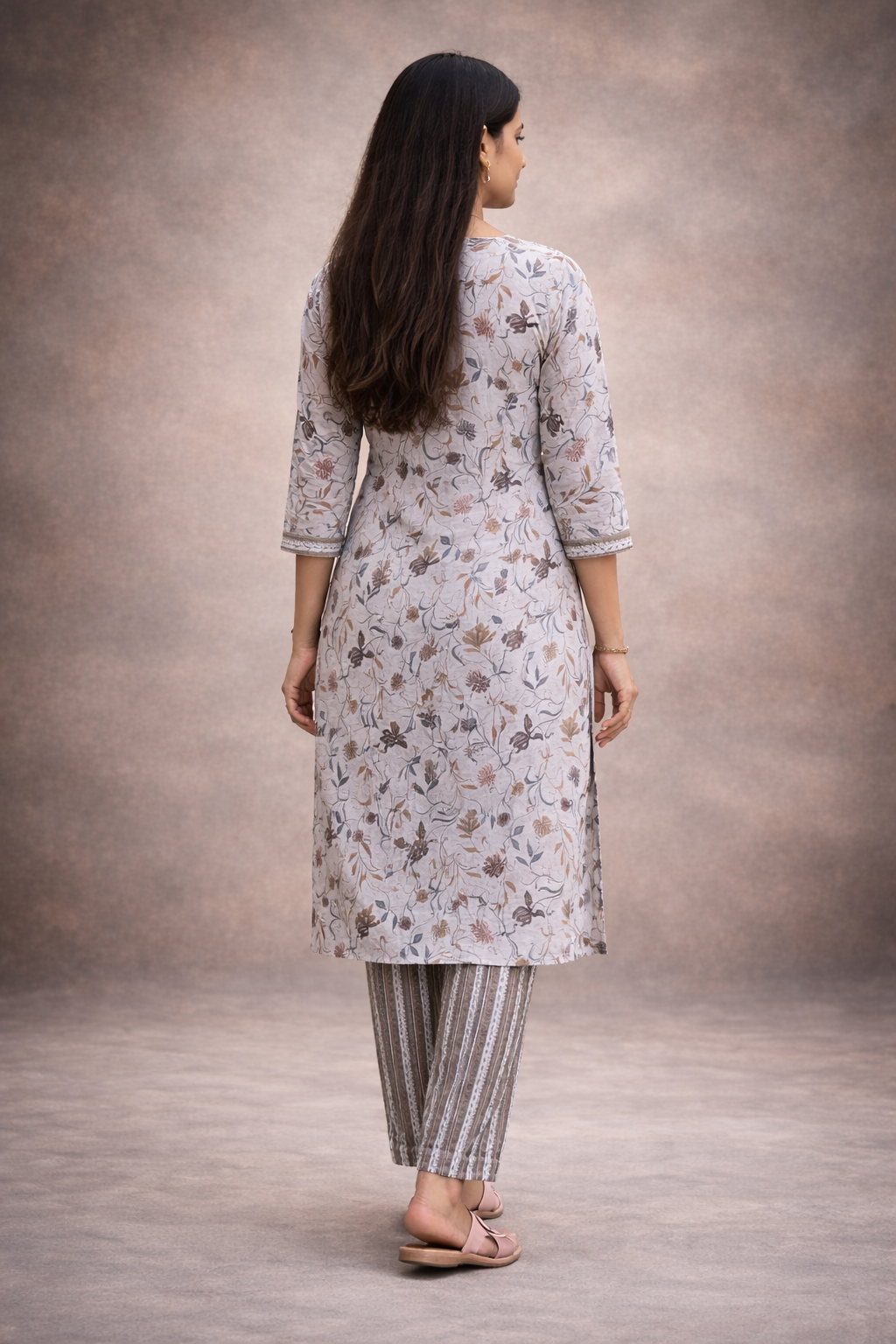Light Grey Floral Printed Cotton Kurti Set for Women | Elegant Ethnic Kurta with Striped Pants