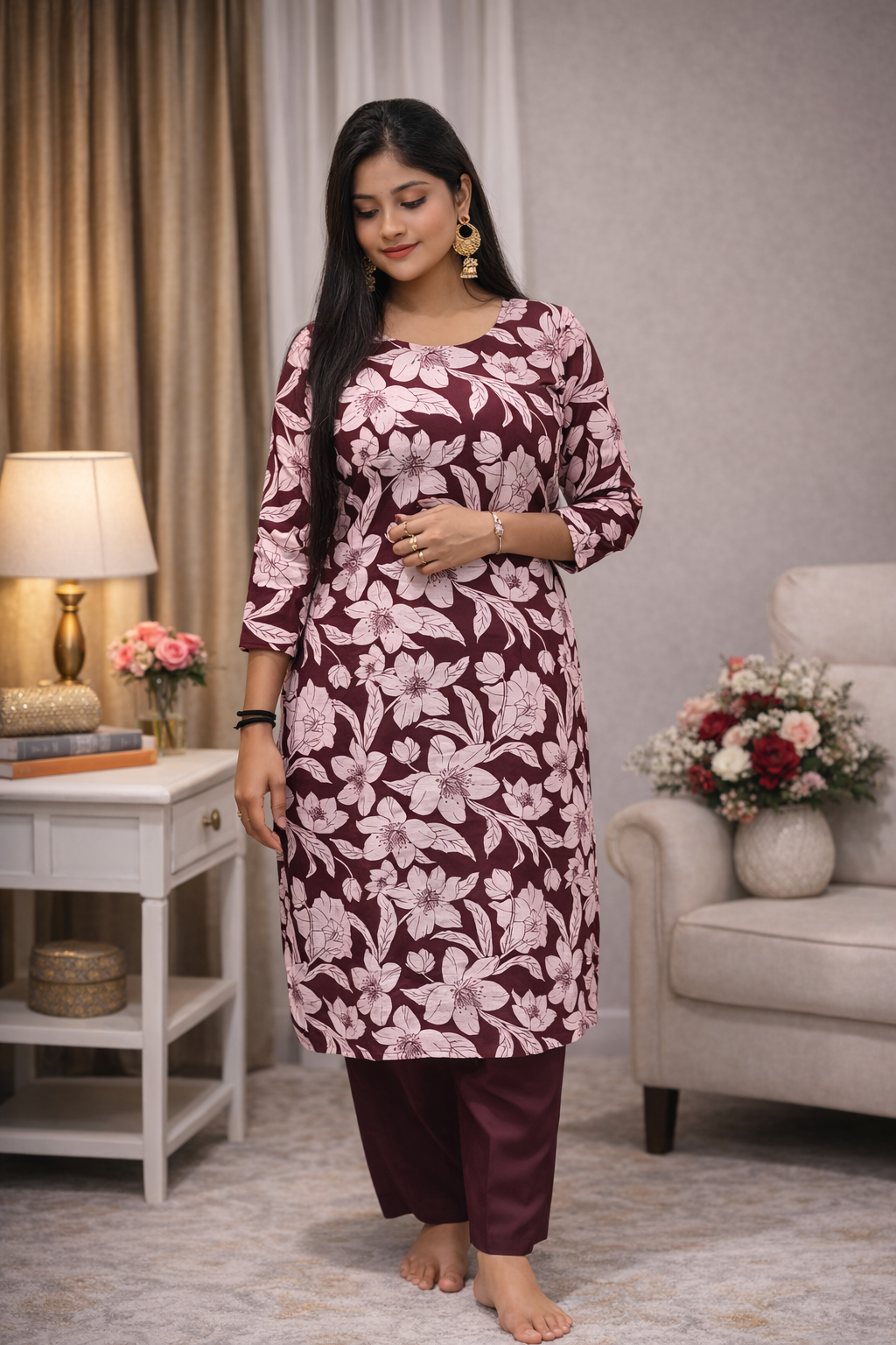 Women’s Maroon Floral Printed Kurti Pant Set