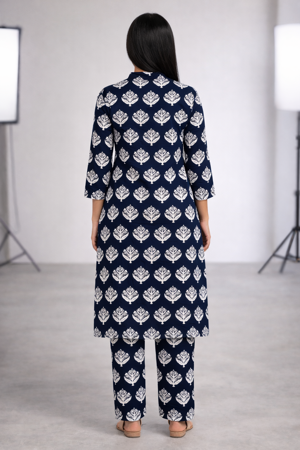 Navy Blue Ethnic Printed Cotton Kurti Set for Women | Stylish Leaf Motif Kurta with Matching Pants