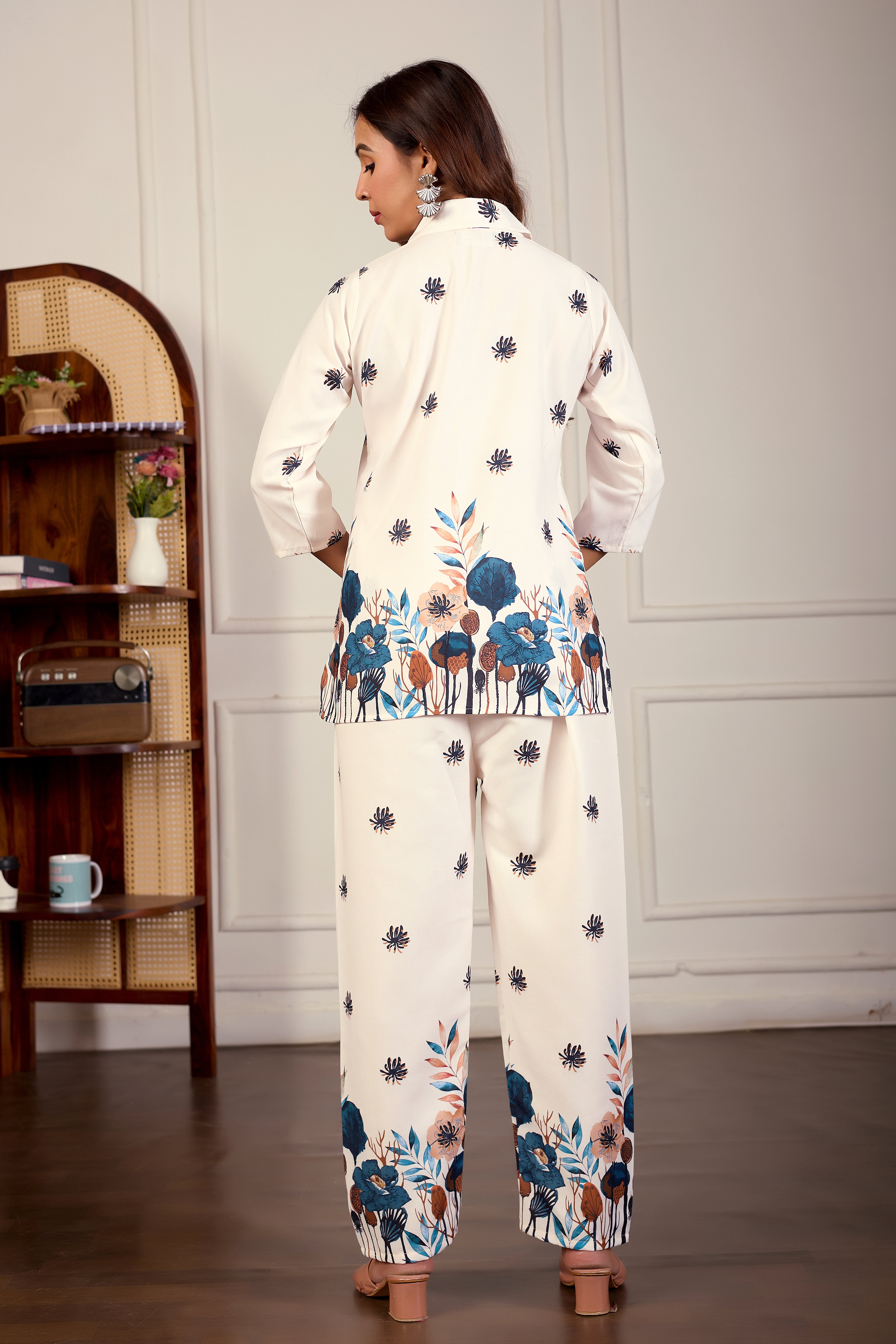 Beige Floral Design Digital Printed Poly Rayon Co-ord Set for Women