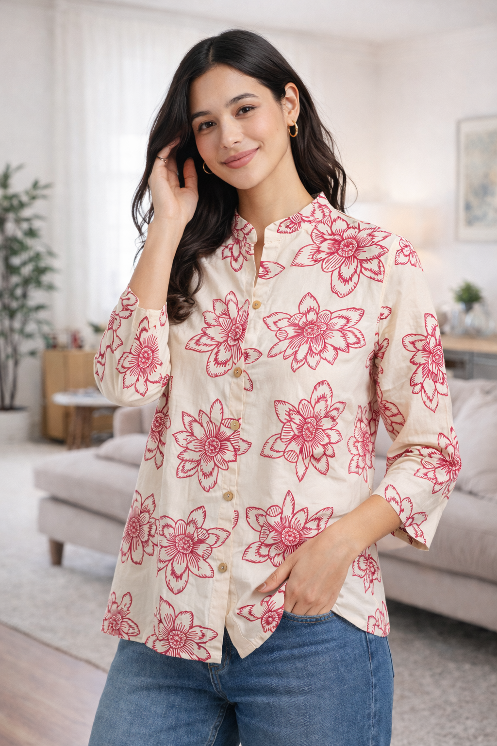 Women’s Cream Floral Printed Poly Rayon Top