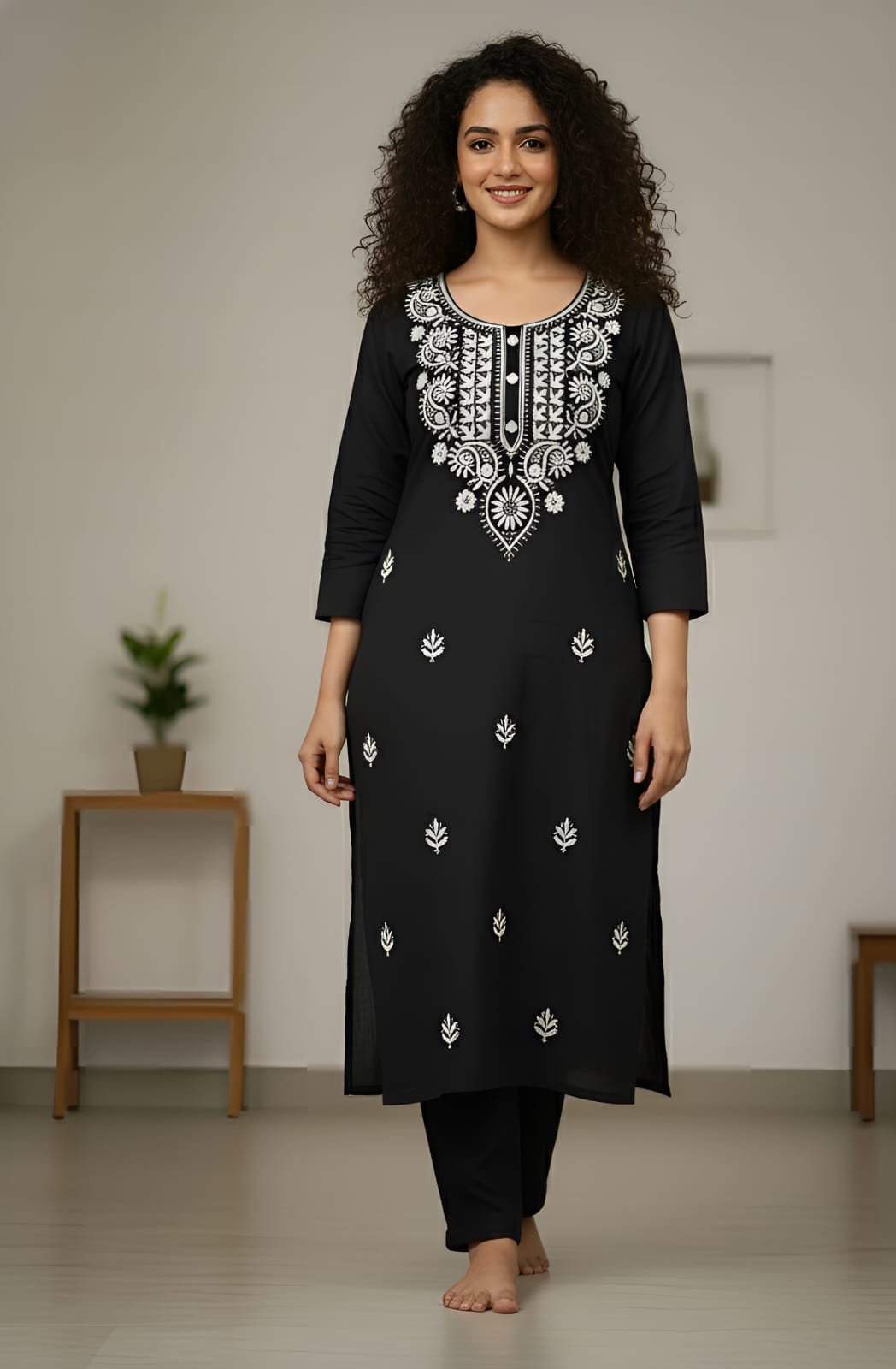 Black Tesla Slub Embroidered Kurti Pant Set for Women