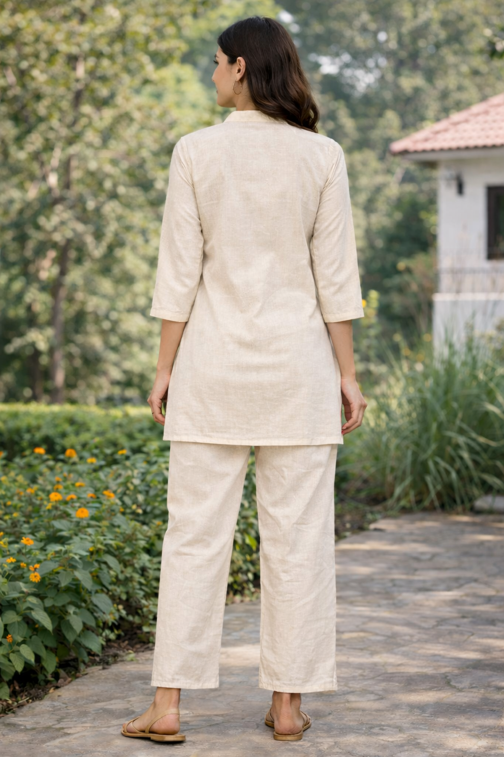 Fadrox Off-White Floral Embroidered Khadi Cotton Co-ord Set for Women