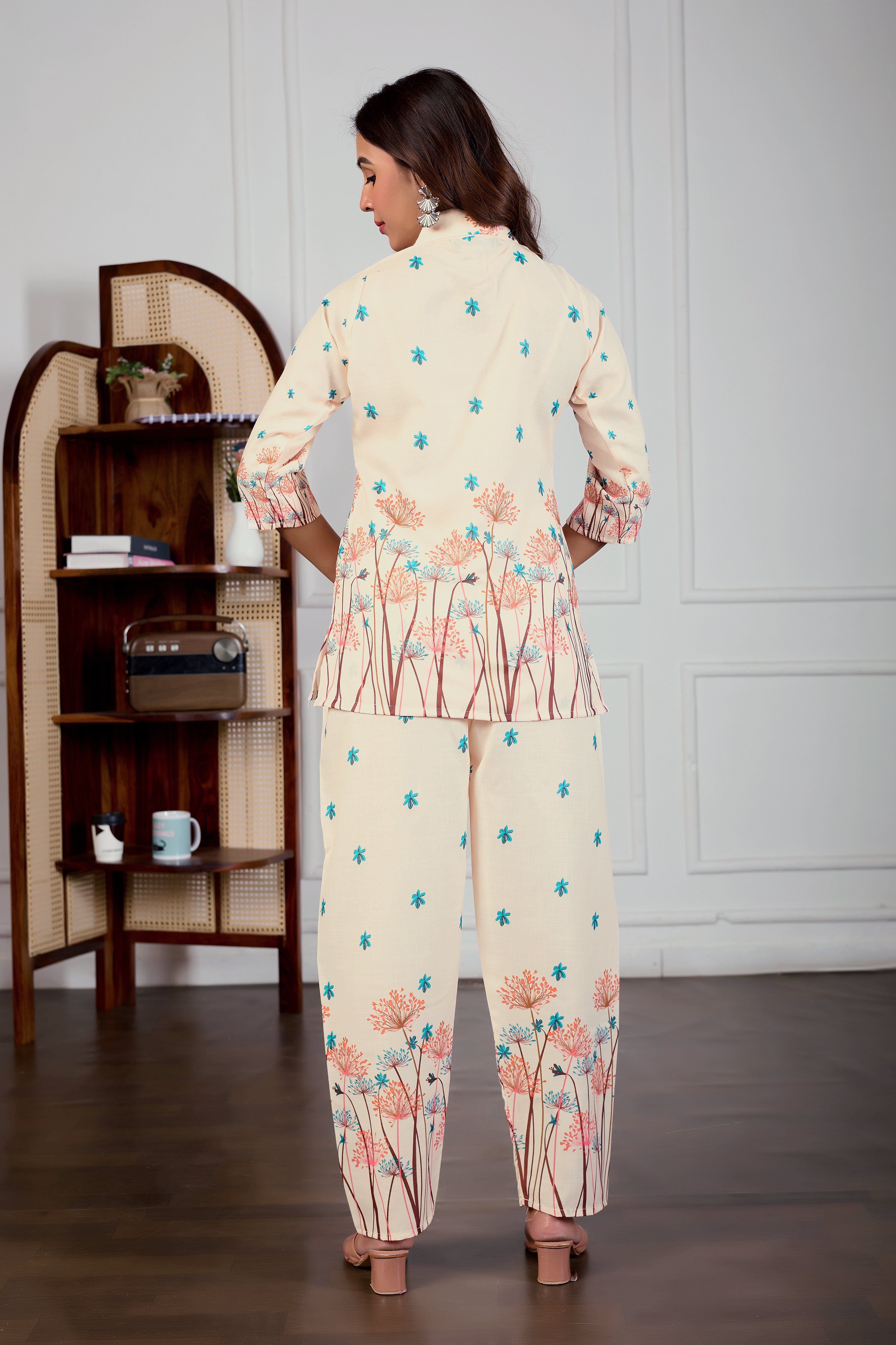 Women’s Cream Floral Printed Poly Magic Co-Ord Set