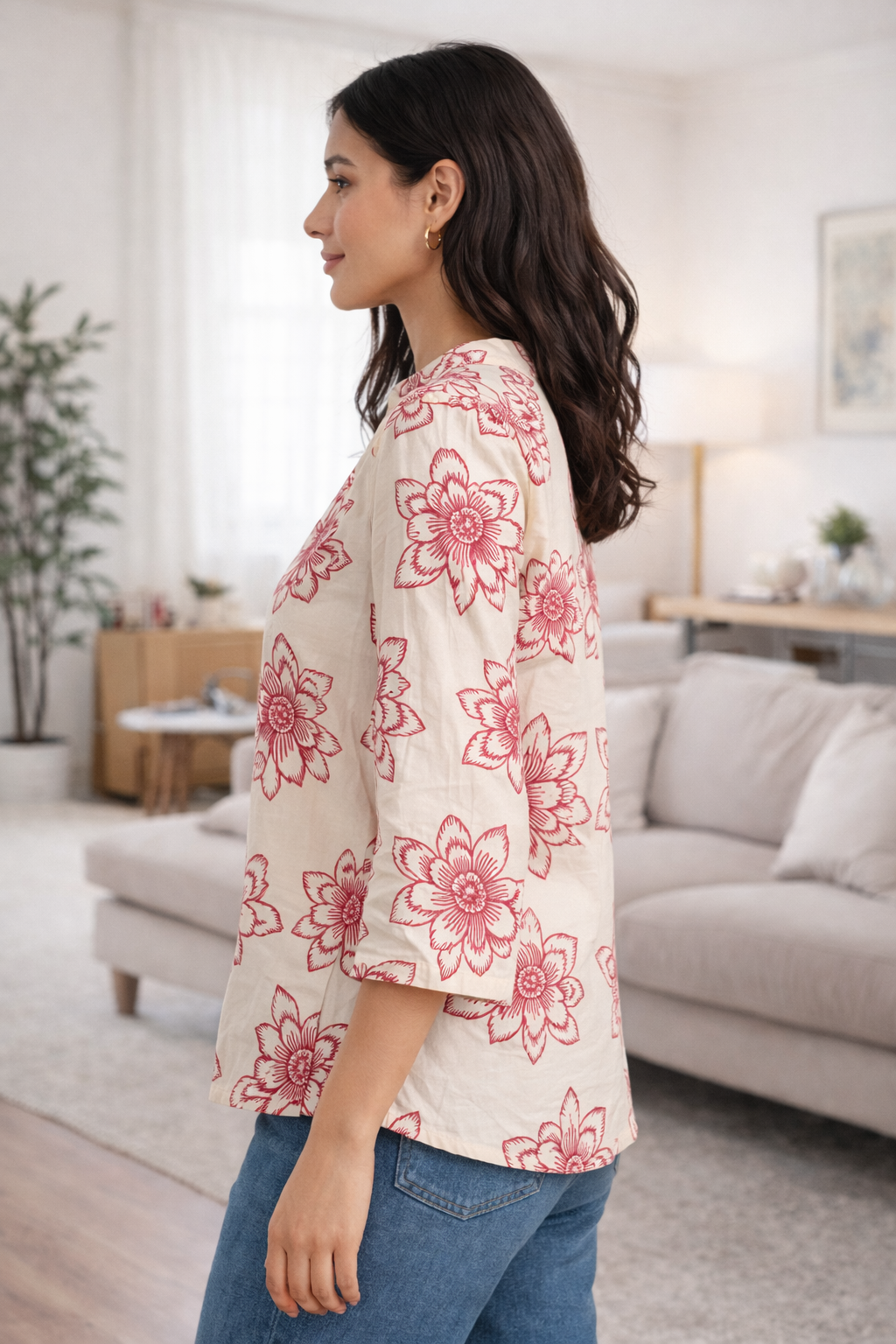Women’s Cream Floral Printed Poly Rayon Top