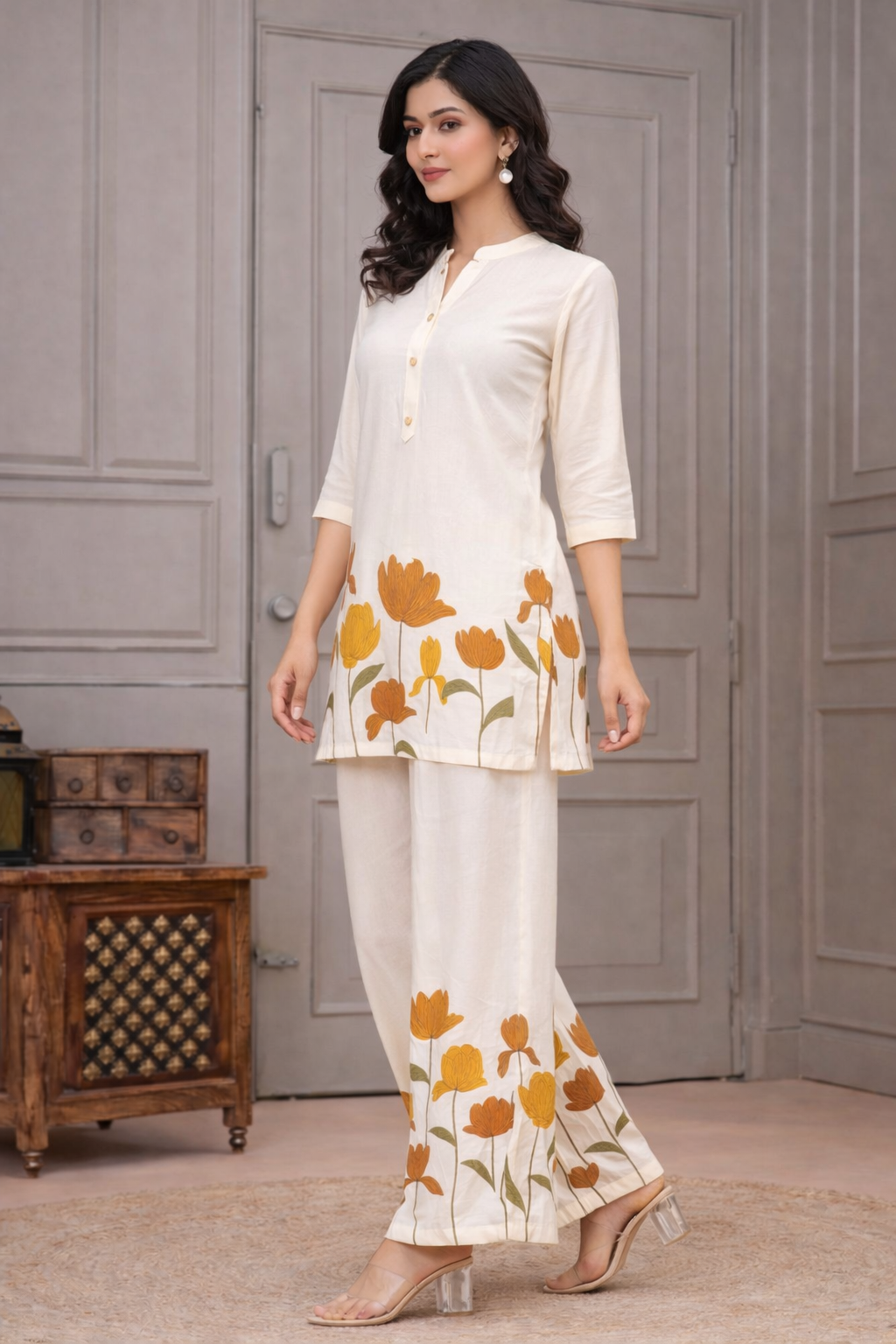 Women’s Cream Floral Printed Rayon Co-Ord Set