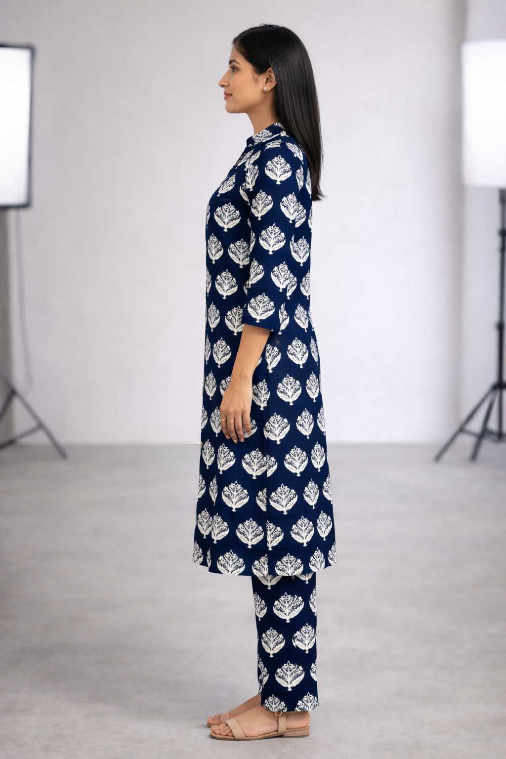 Navy Blue Ethnic Printed Cotton Kurti Set for Women | Stylish Leaf Motif Kurta with Matching Pants