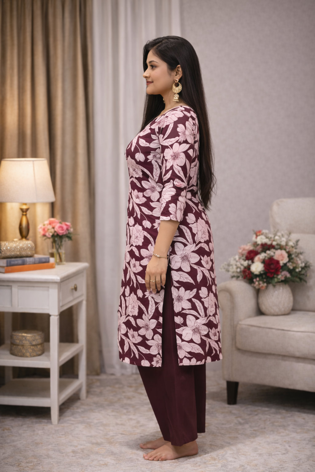 Women’s Maroon Floral Printed Kurti Pant Set
