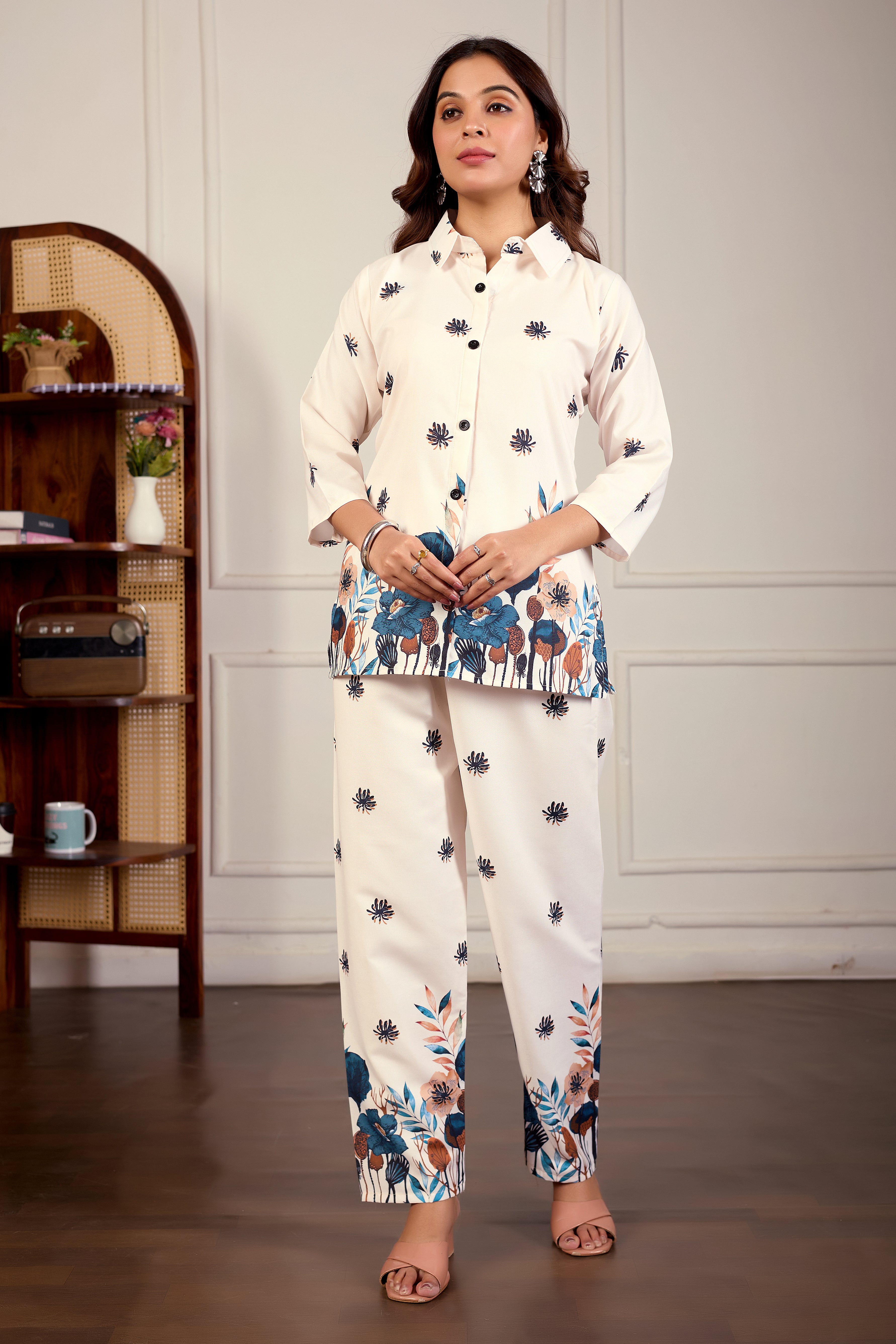 Women’s Cream Floral Printed Rayon Co-Ord Set