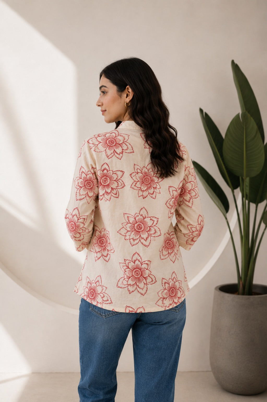 Back view of cream floral printed ethnic top for women
