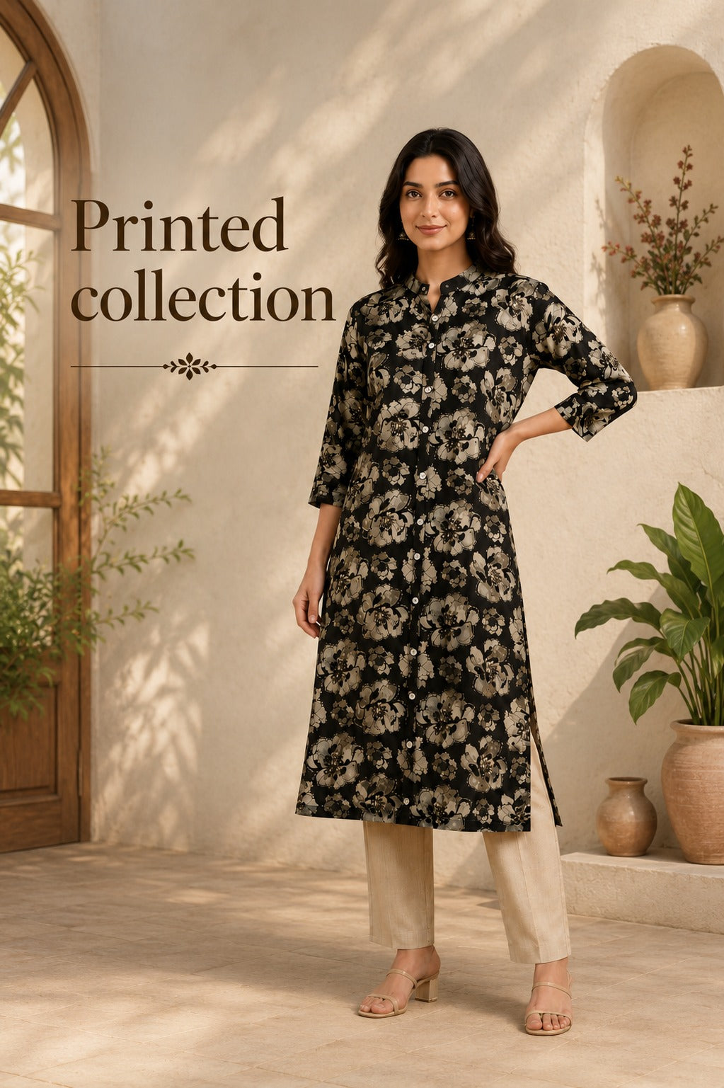 Beige floral printed kurti set for women - Fadrox Fashion