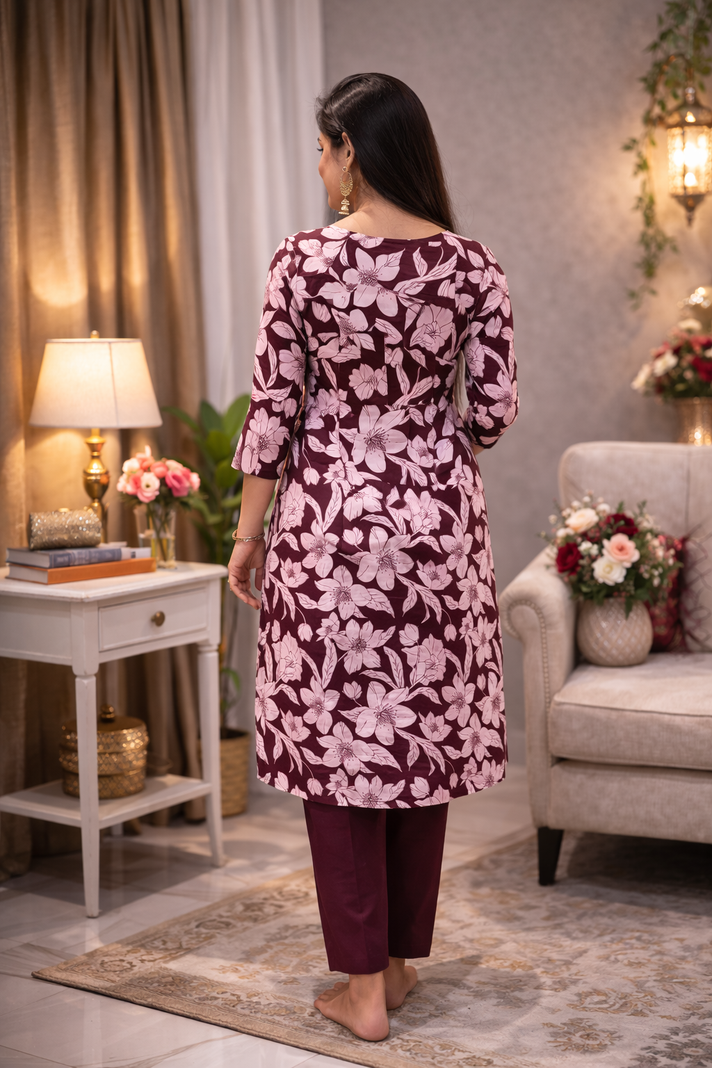 Women’s Maroon Floral Printed Kurti Pant Set