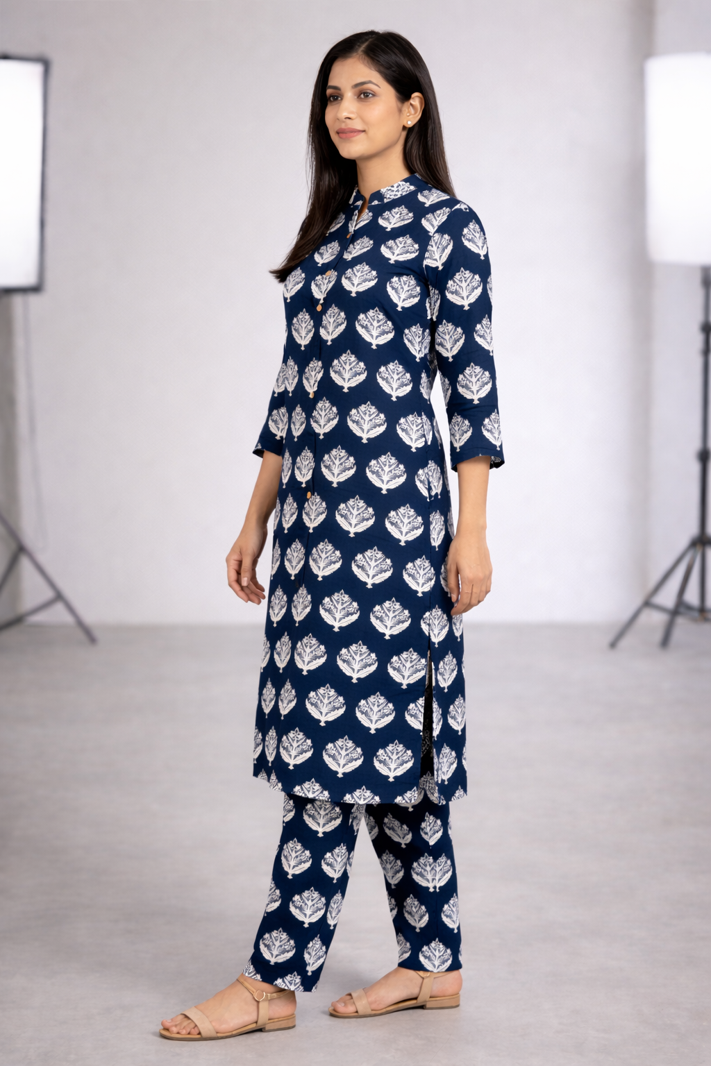 Navy Blue Ethnic Printed Cotton Kurti Set for Women | Stylish Leaf Motif Kurta with Matching Pants