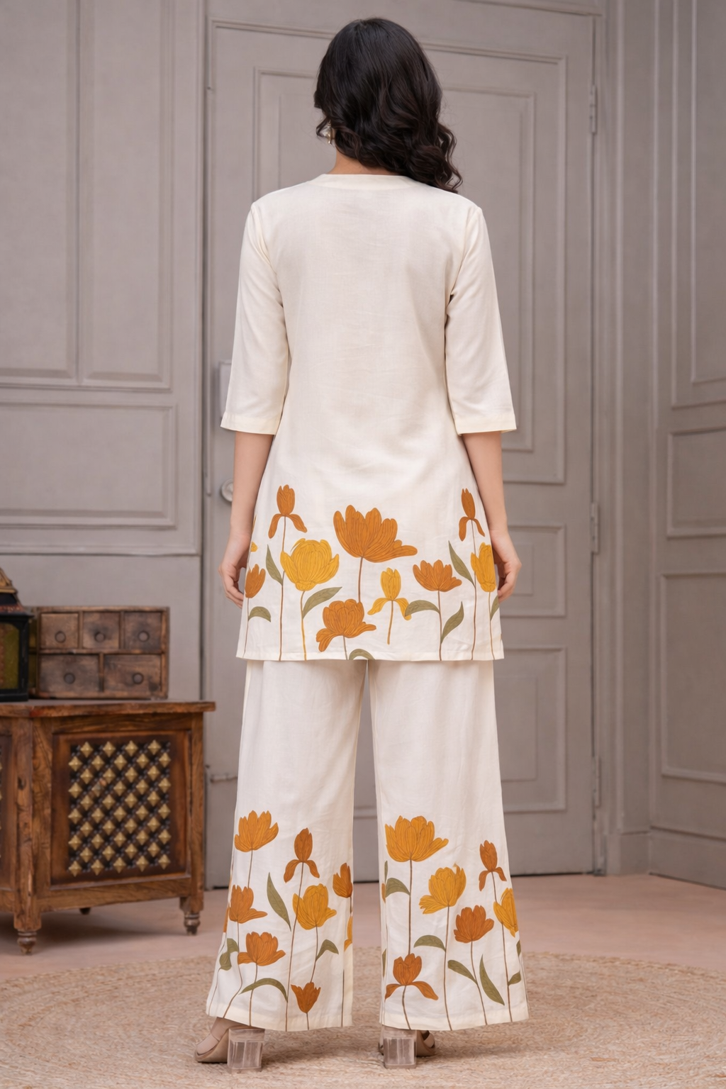 Women’s Cream Floral Printed Rayon Co-Ord Set