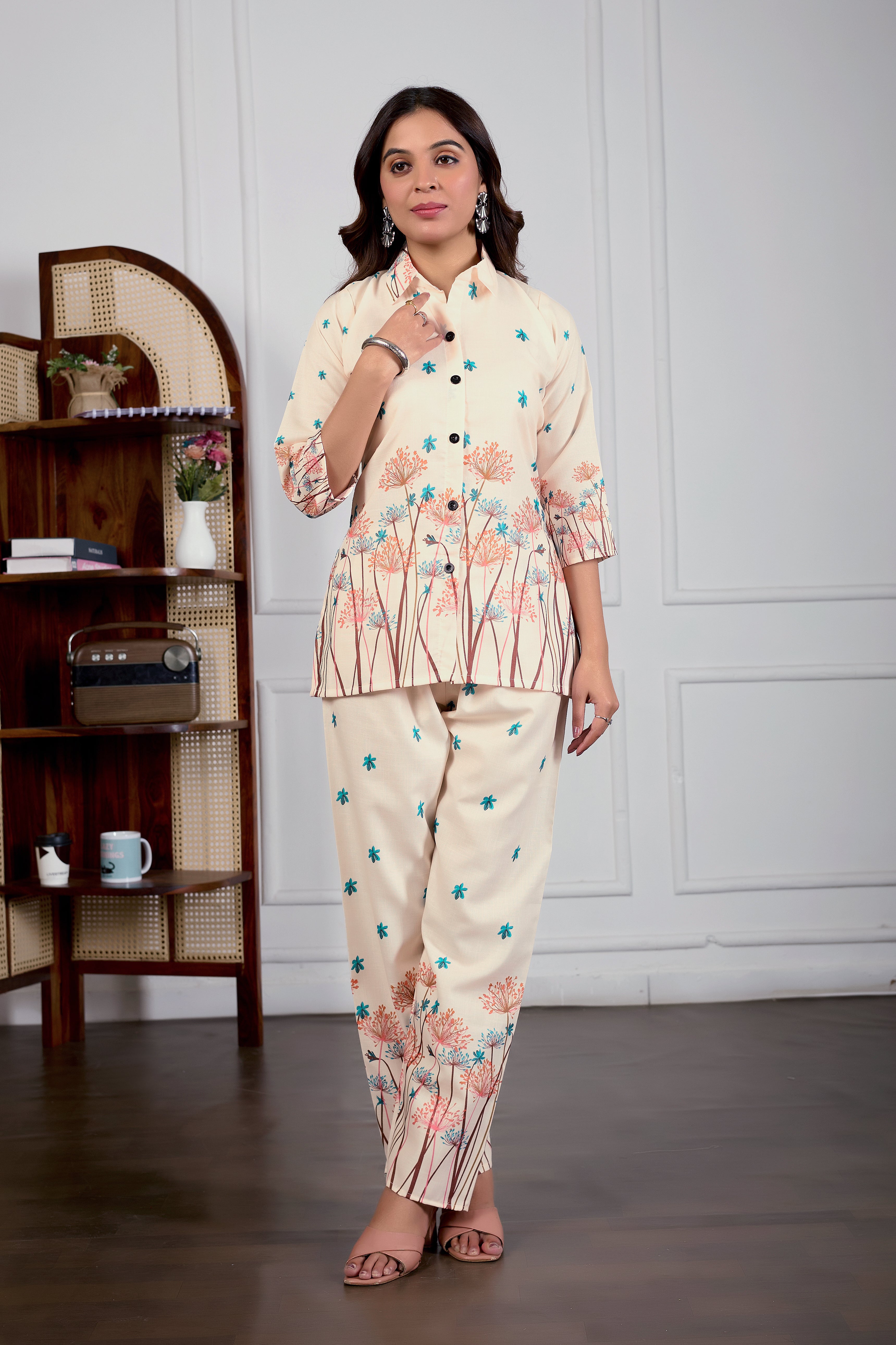 Women’s Cream Floral Printed Poly Magic Co-Ord Set