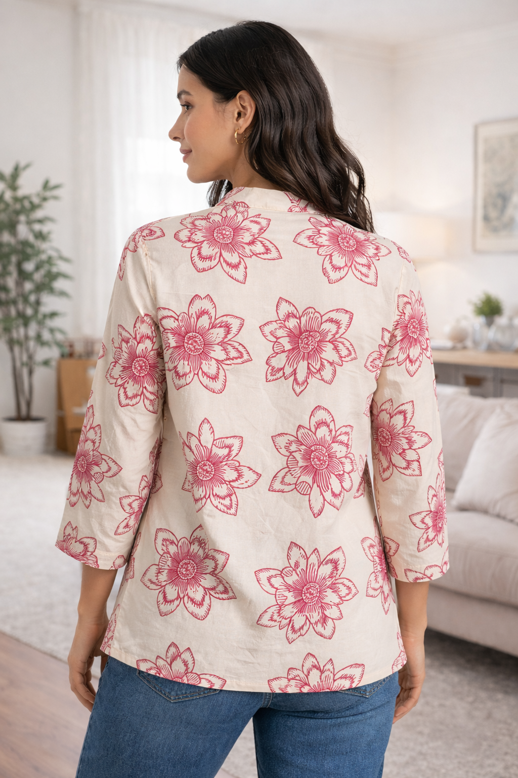 Women’s Cream Floral Printed Poly Rayon Top