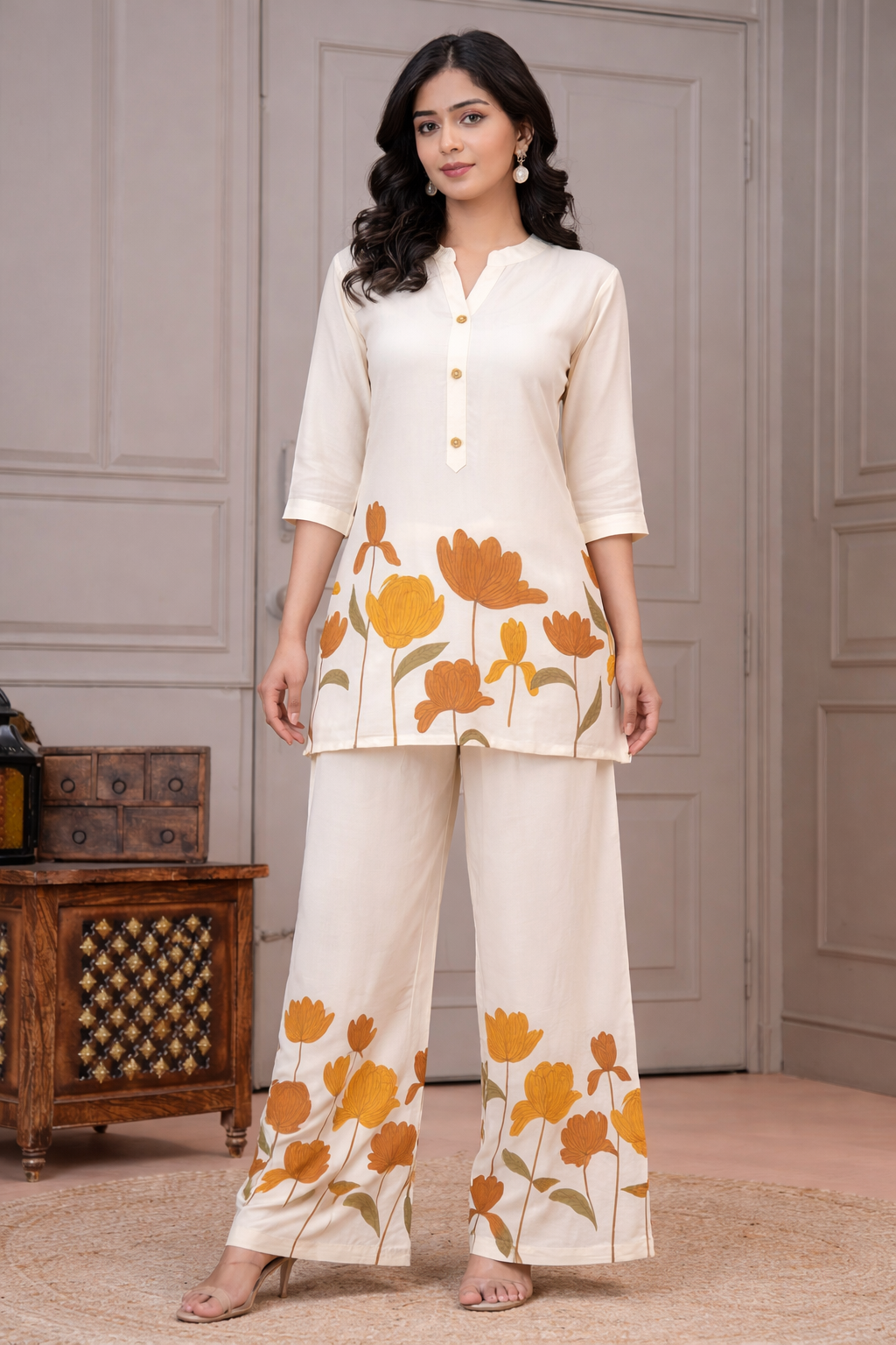 Women’s Cream Floral Printed Rayon Co-Ord Set