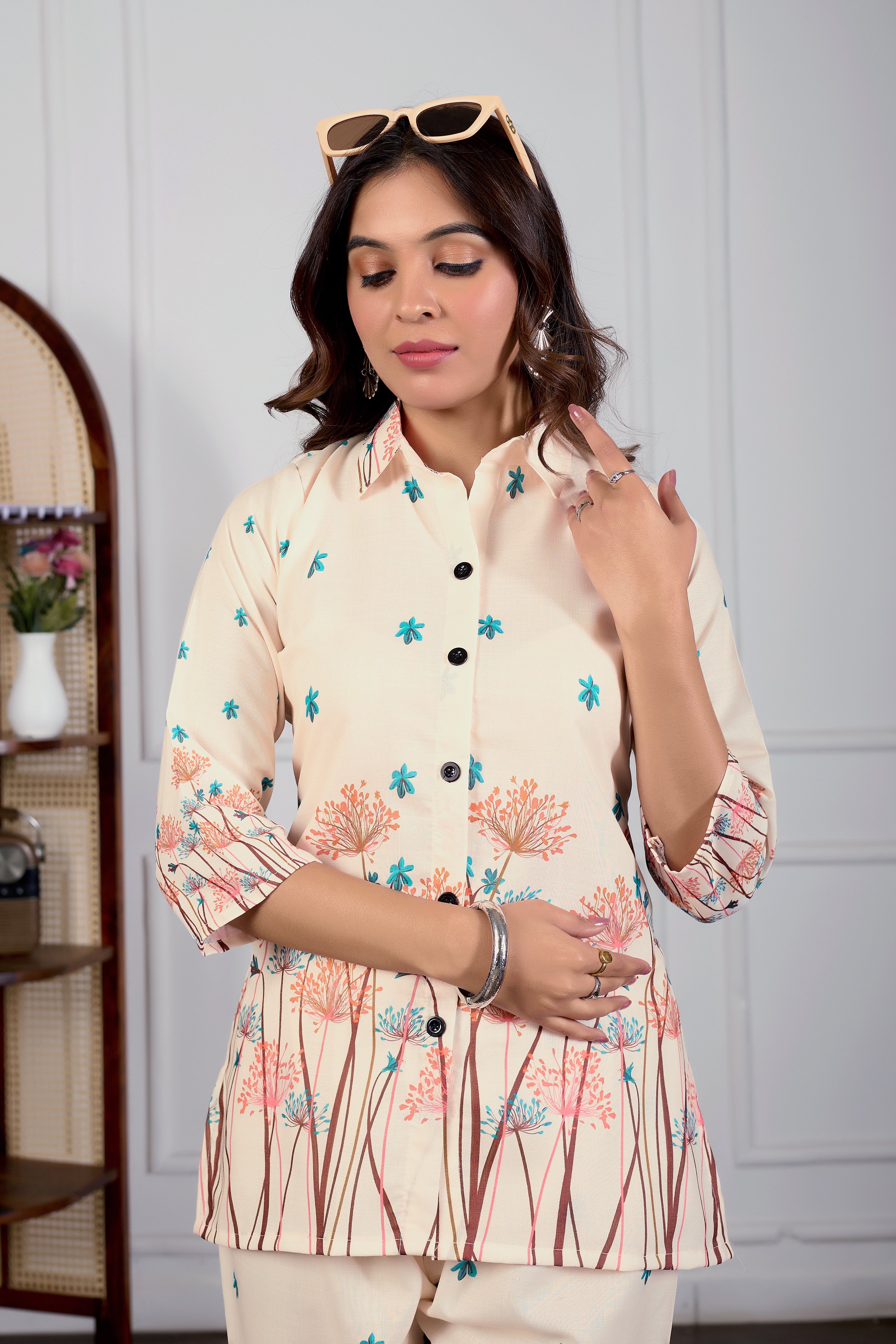 Women’s Cream Floral Printed Poly Magic Co-Ord Set