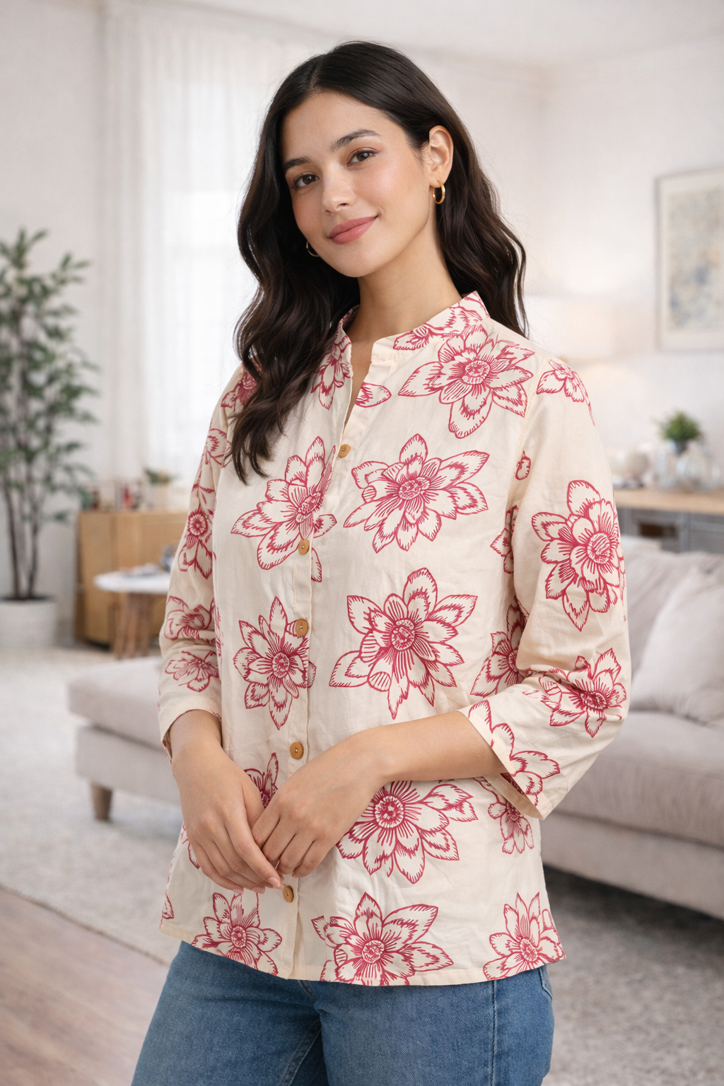 Women’s Cream Floral Printed Poly Rayon Top