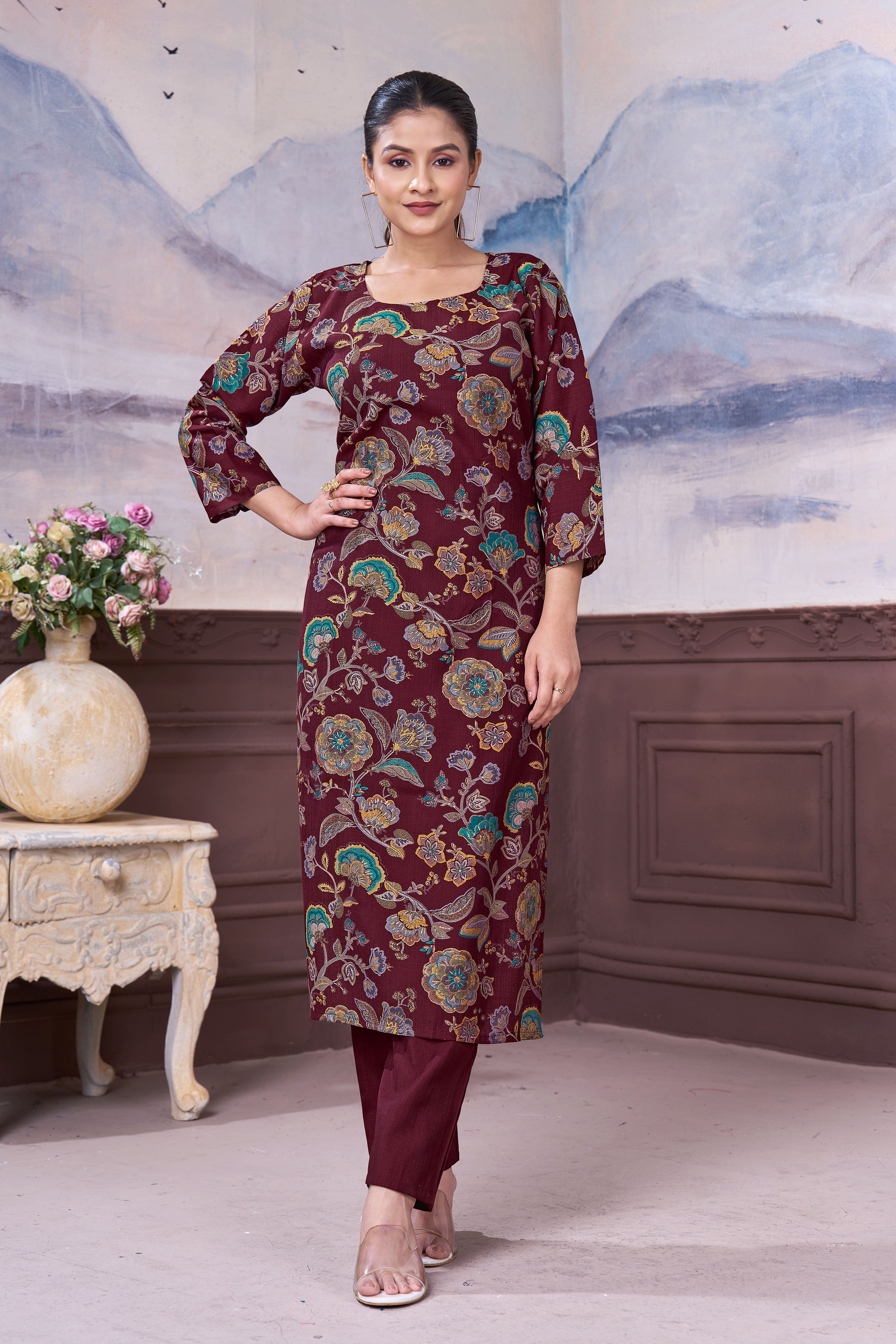 Women’s Maroon Floral Printed Vatican Cotton Kurti Pant Set